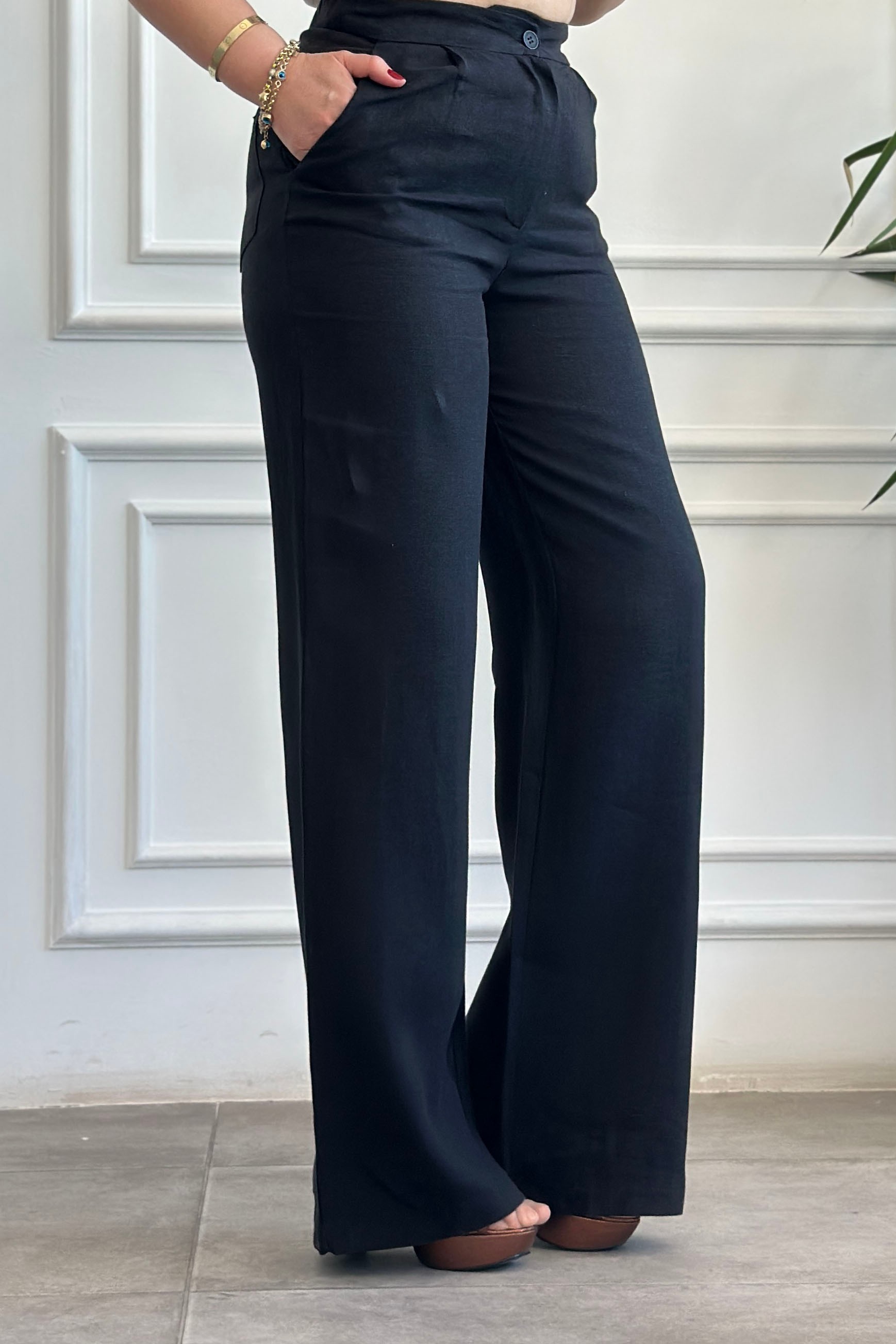 Beli Lastikli Bol Paça Keten Pantolon