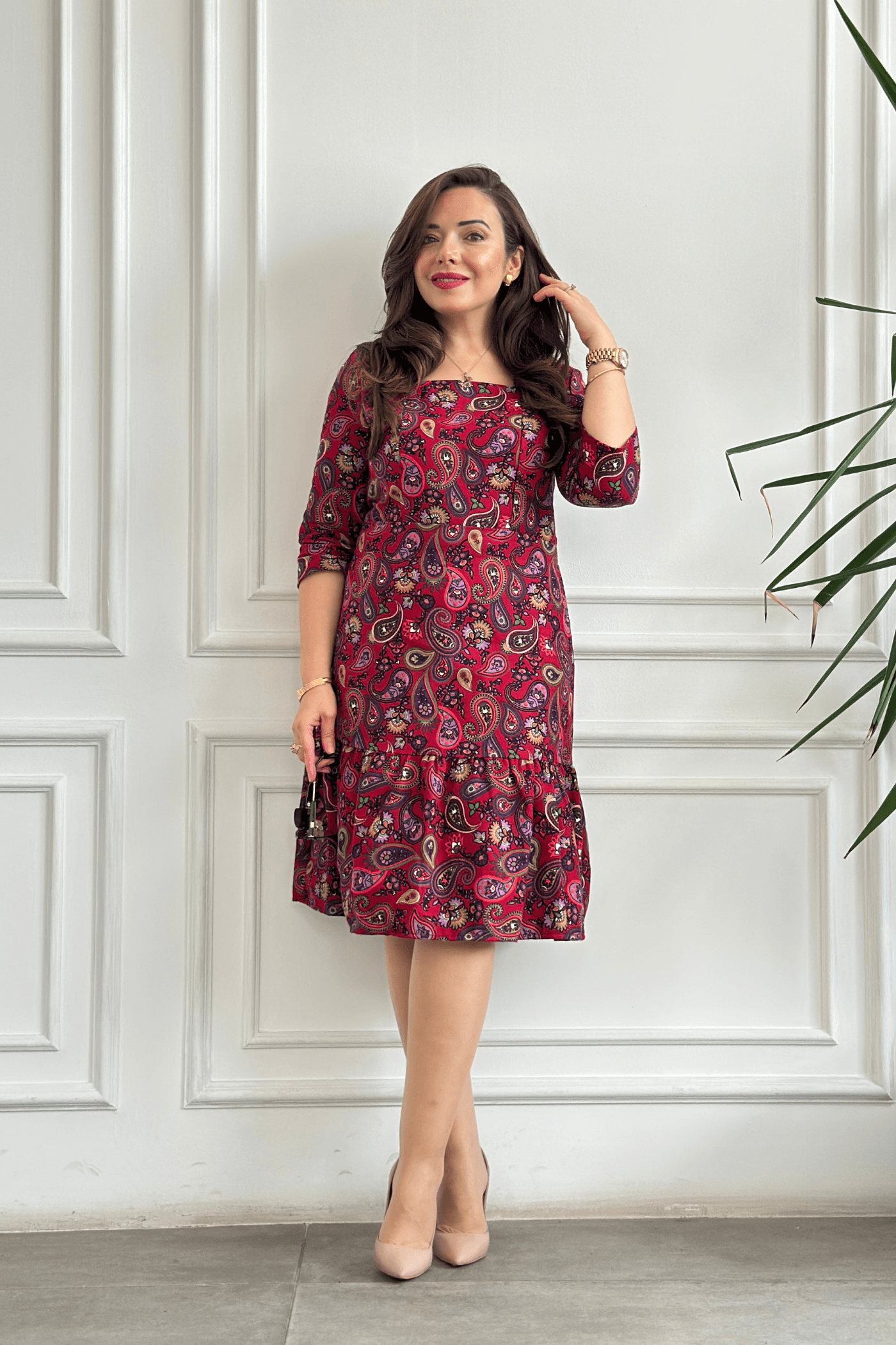 Etek Ucu Fırfırlı Kare Yaka Pazen Elbise - FUSYA MOR