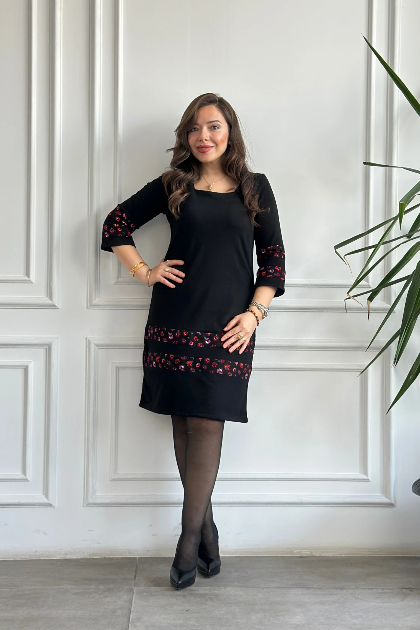 Etek Ve Kol Pazen Detaylı Pamuk Elbise - SIYAH FUSYA