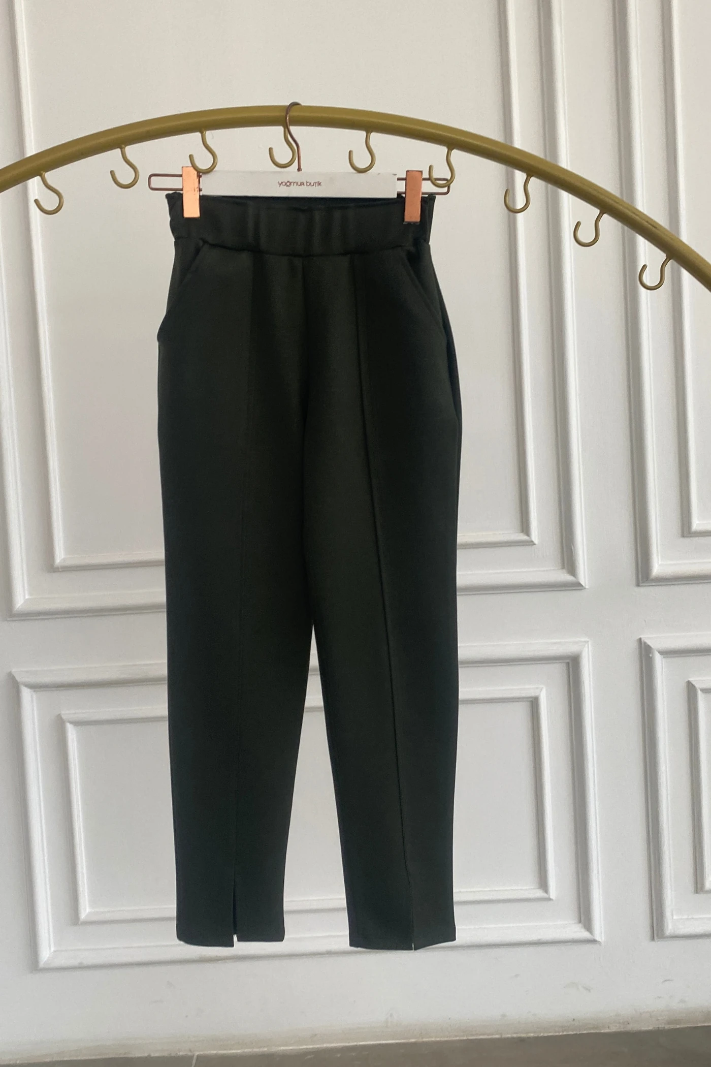 Yandan Cepli Paça Yırtmaç Detaylı Çelik Örme Tayt Pantolon - HAKI