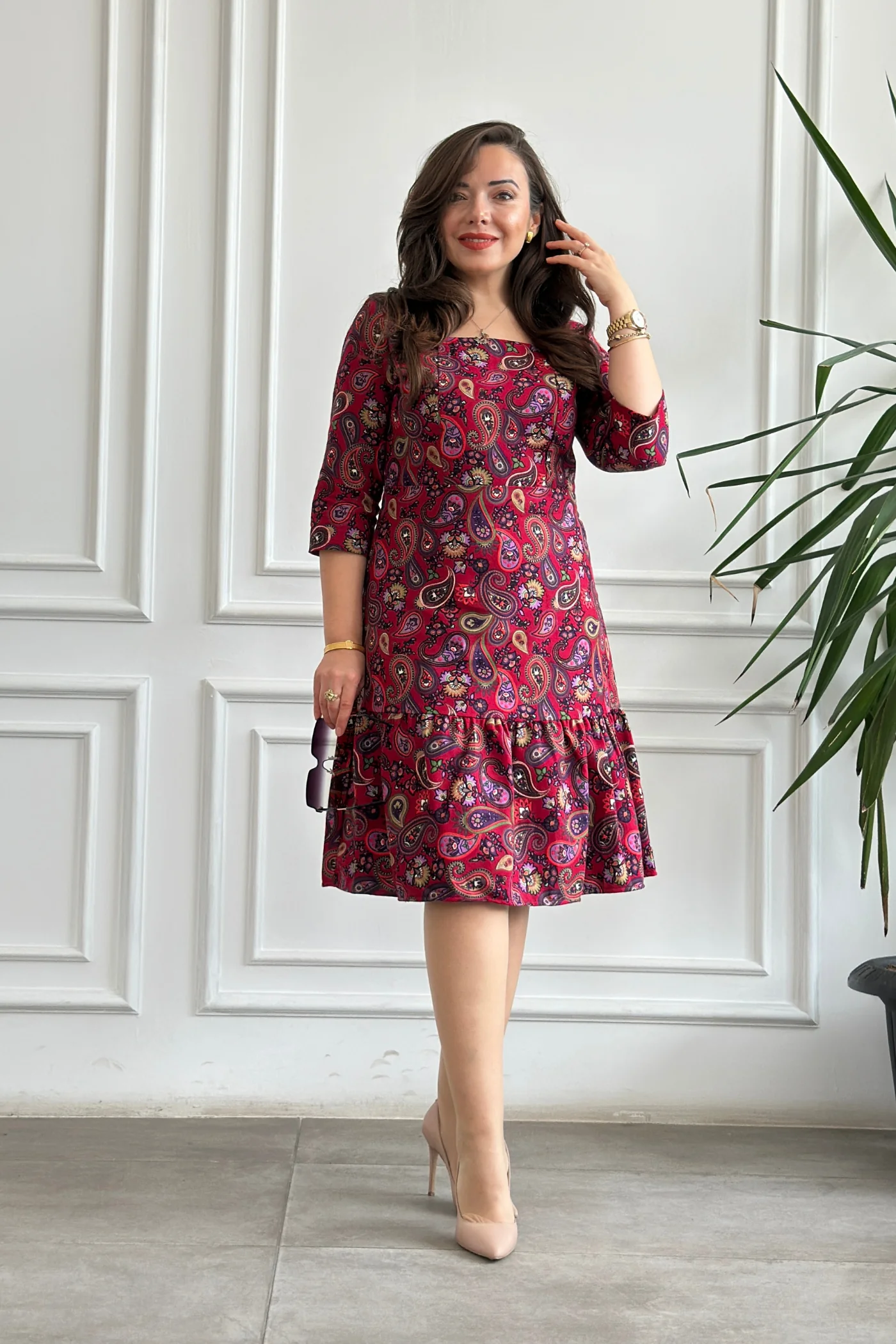 Etek Ucu Fırfırlı Kare Yaka Pazen Elbise - FUSYA MOR