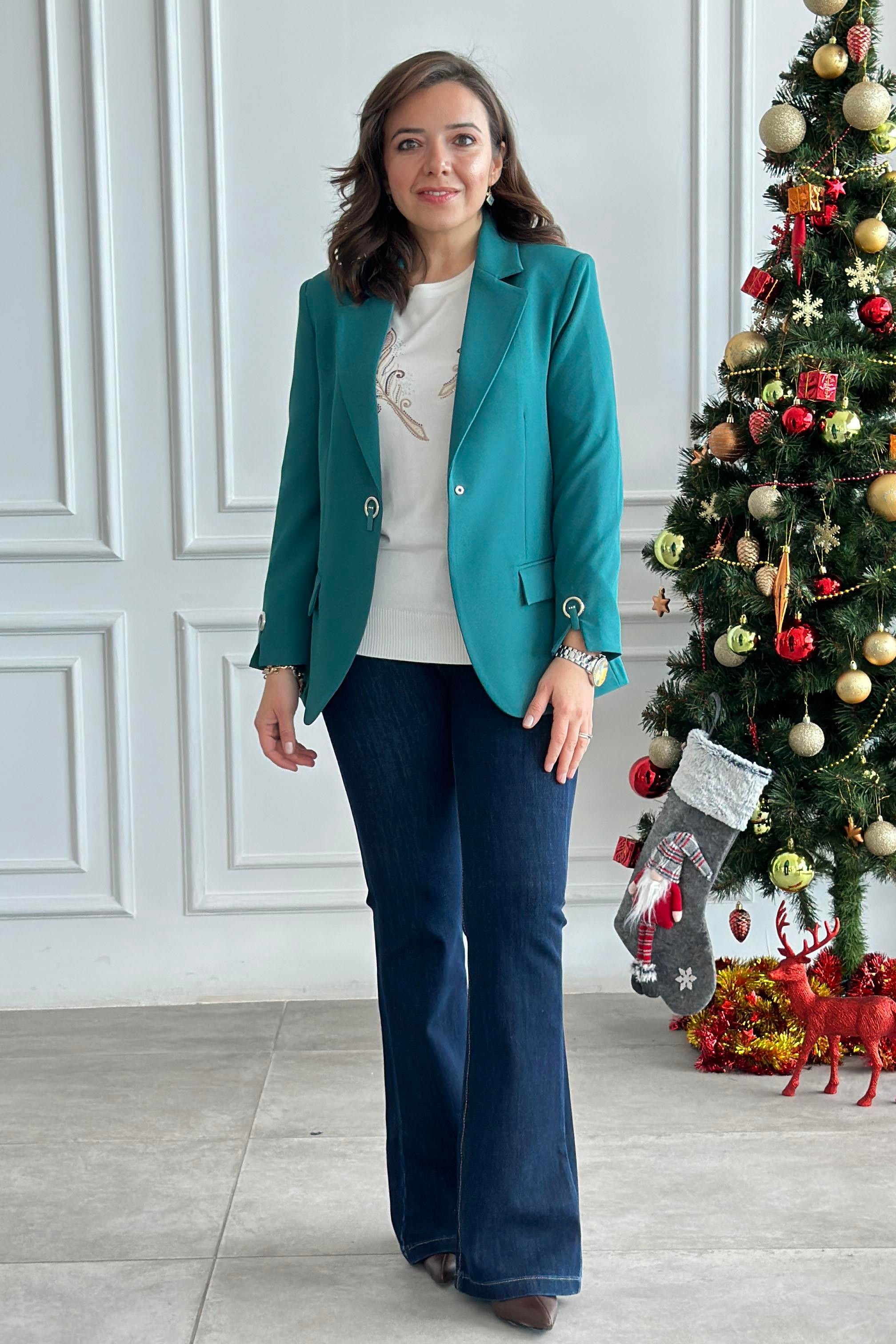 Üç Taşlı Halka Detaylı Çıtçıtlı Blazer Ceket