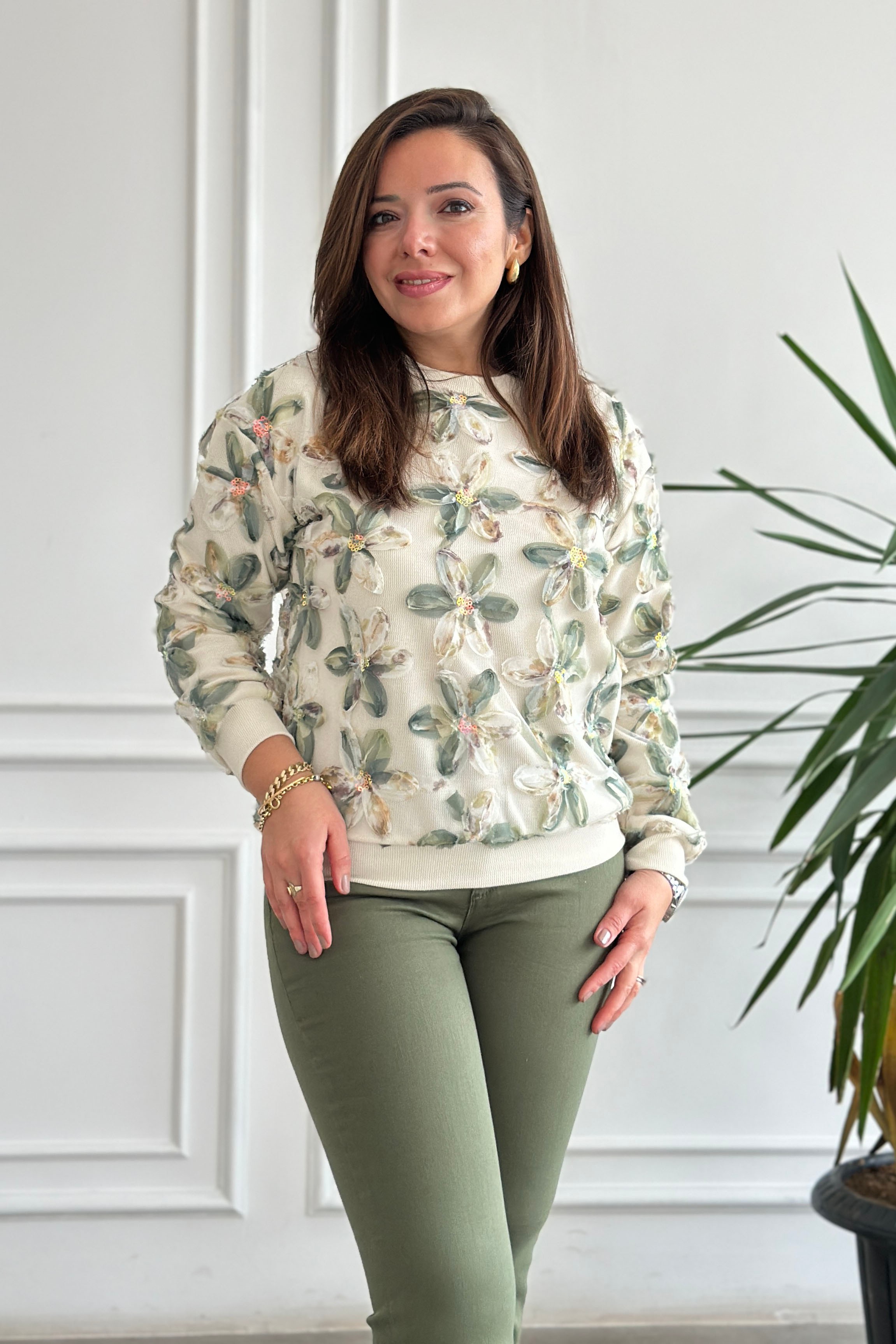 Tül Çiçek Pul İşlemeli Sweat - YESIL