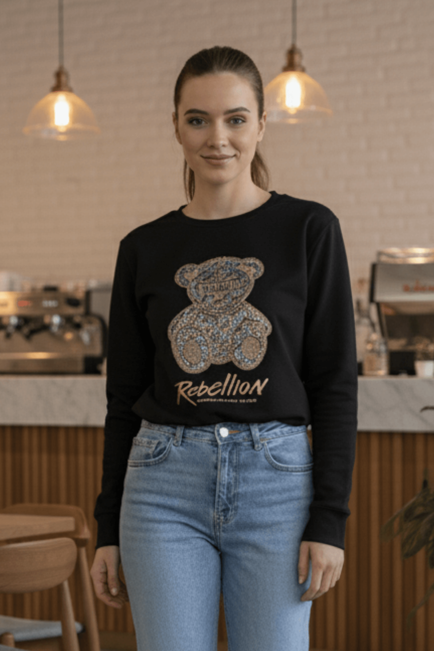 Önü Ayıcık Taş Baskılı Sweat 