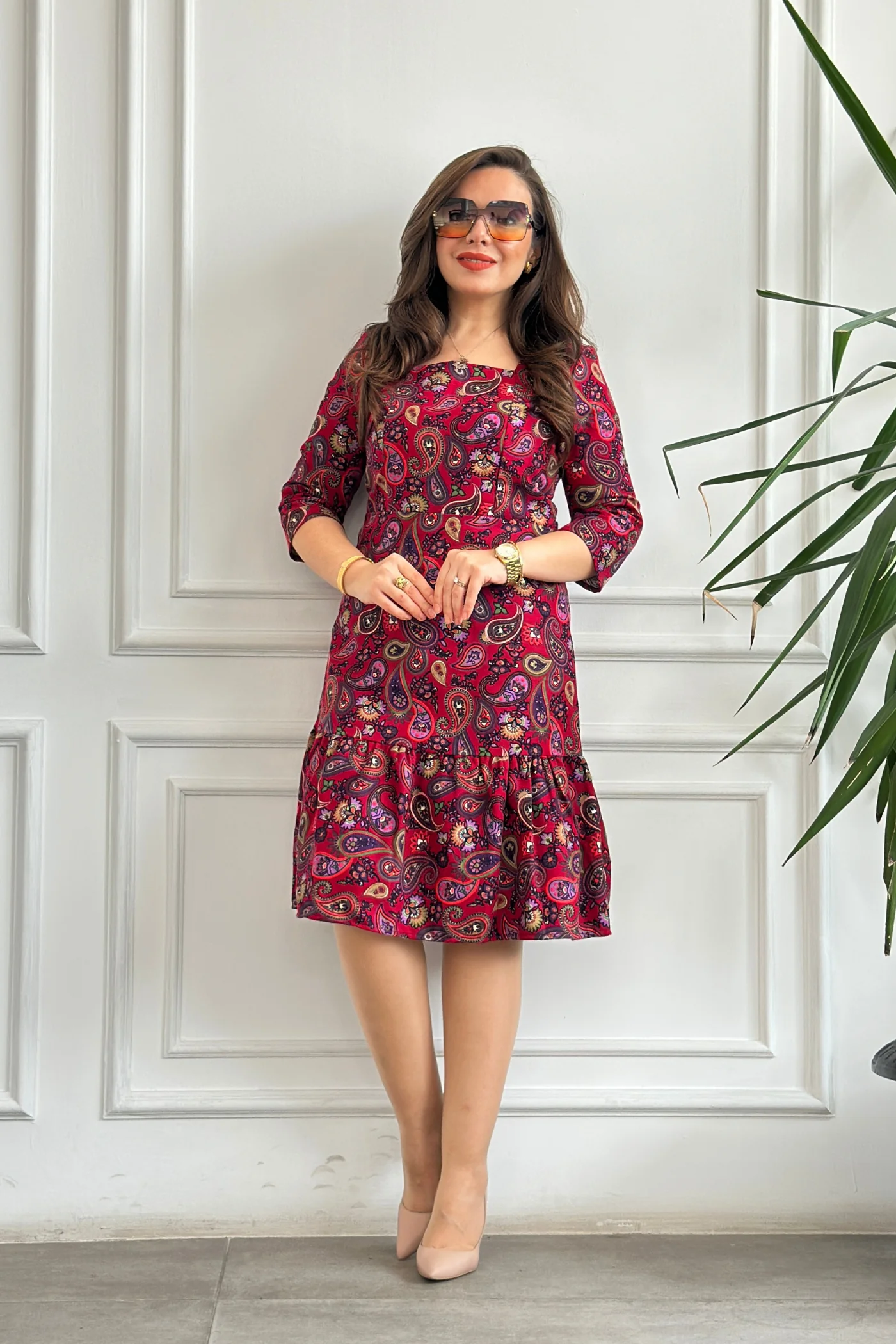 Etek Ucu Fırfırlı Kare Yaka Pazen Elbise - FUSYA MOR