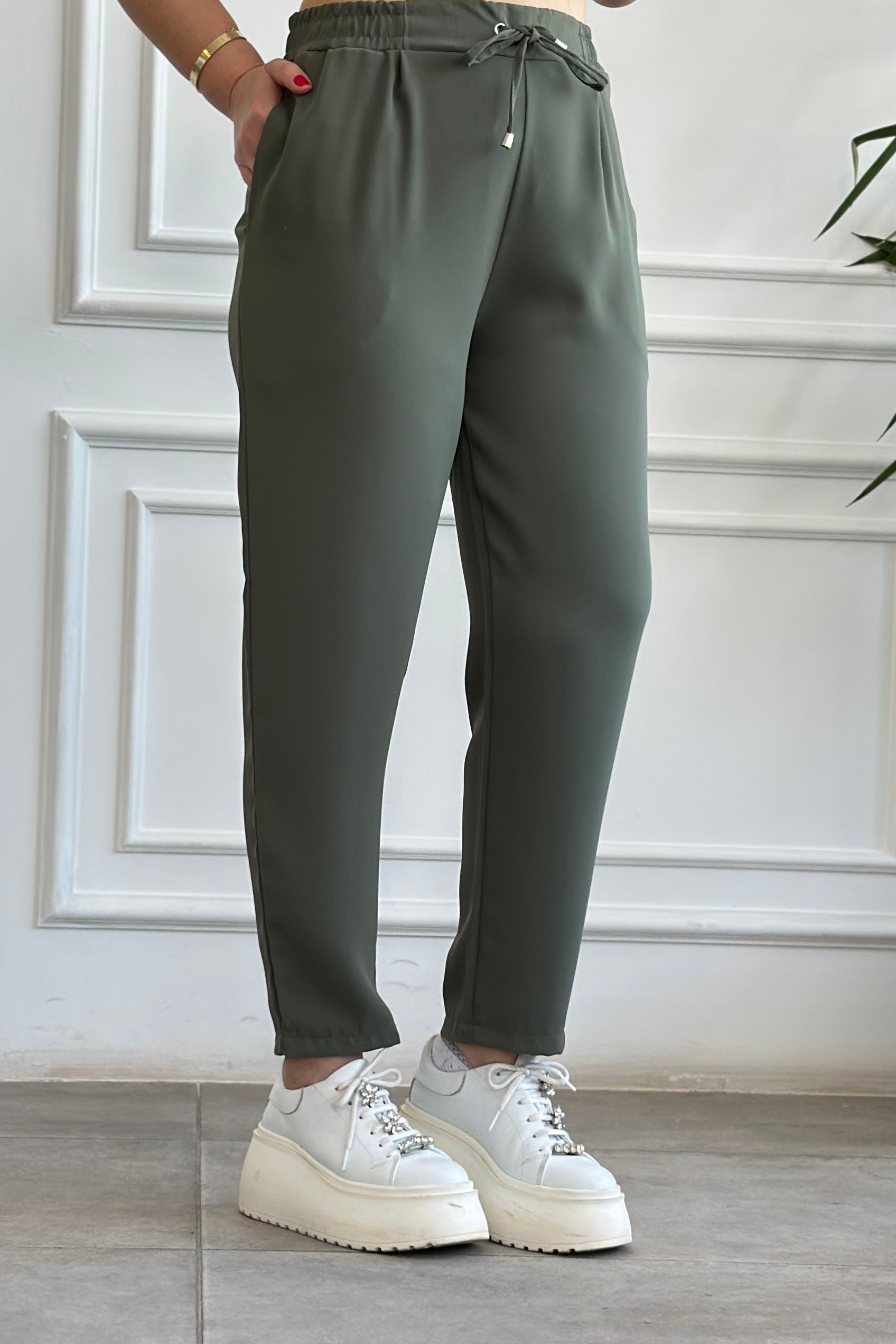 Beli Lastikli Havuç Paça Pantolon - HAKI