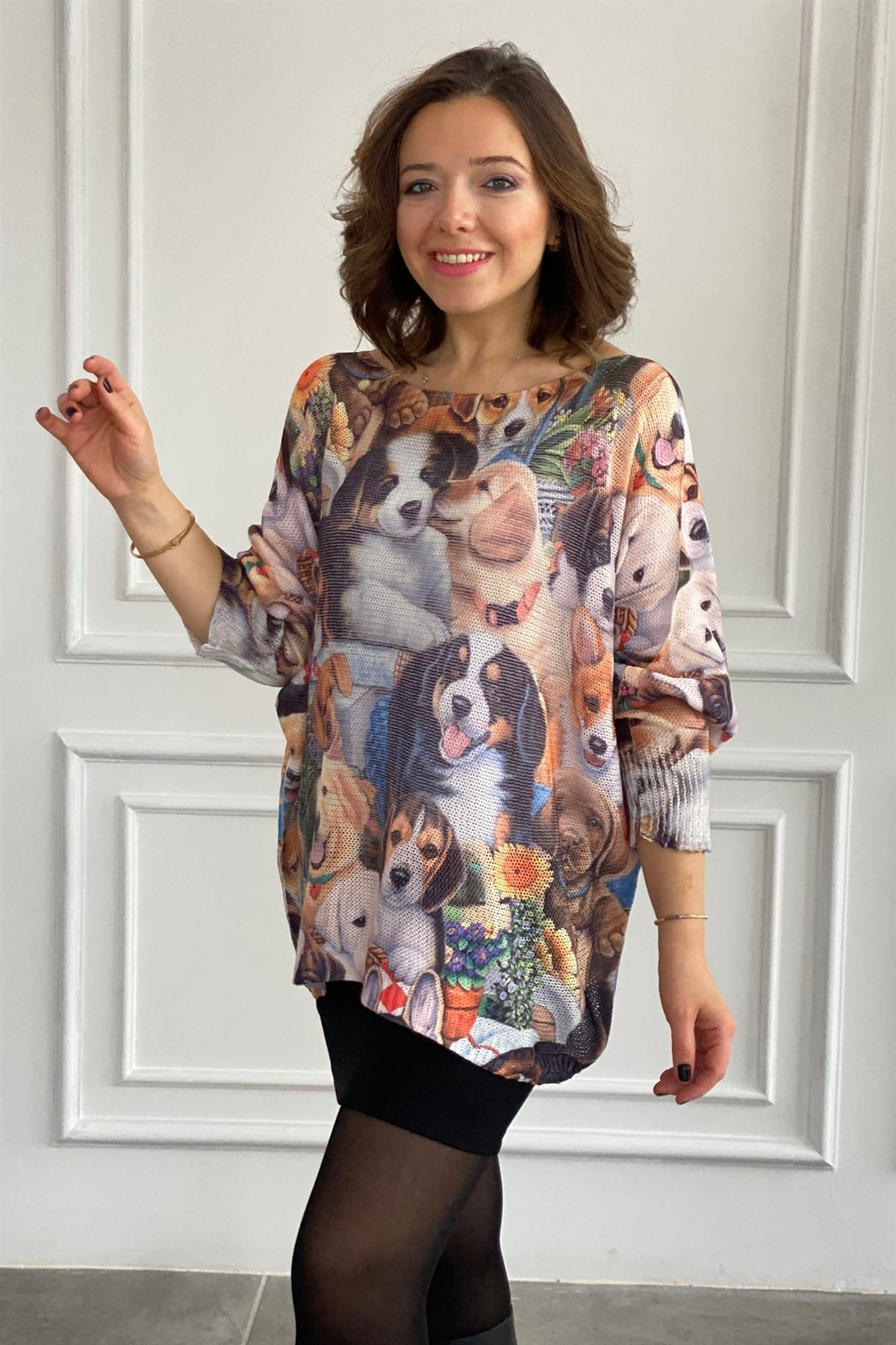 Köpek Desenli Merserize Triko