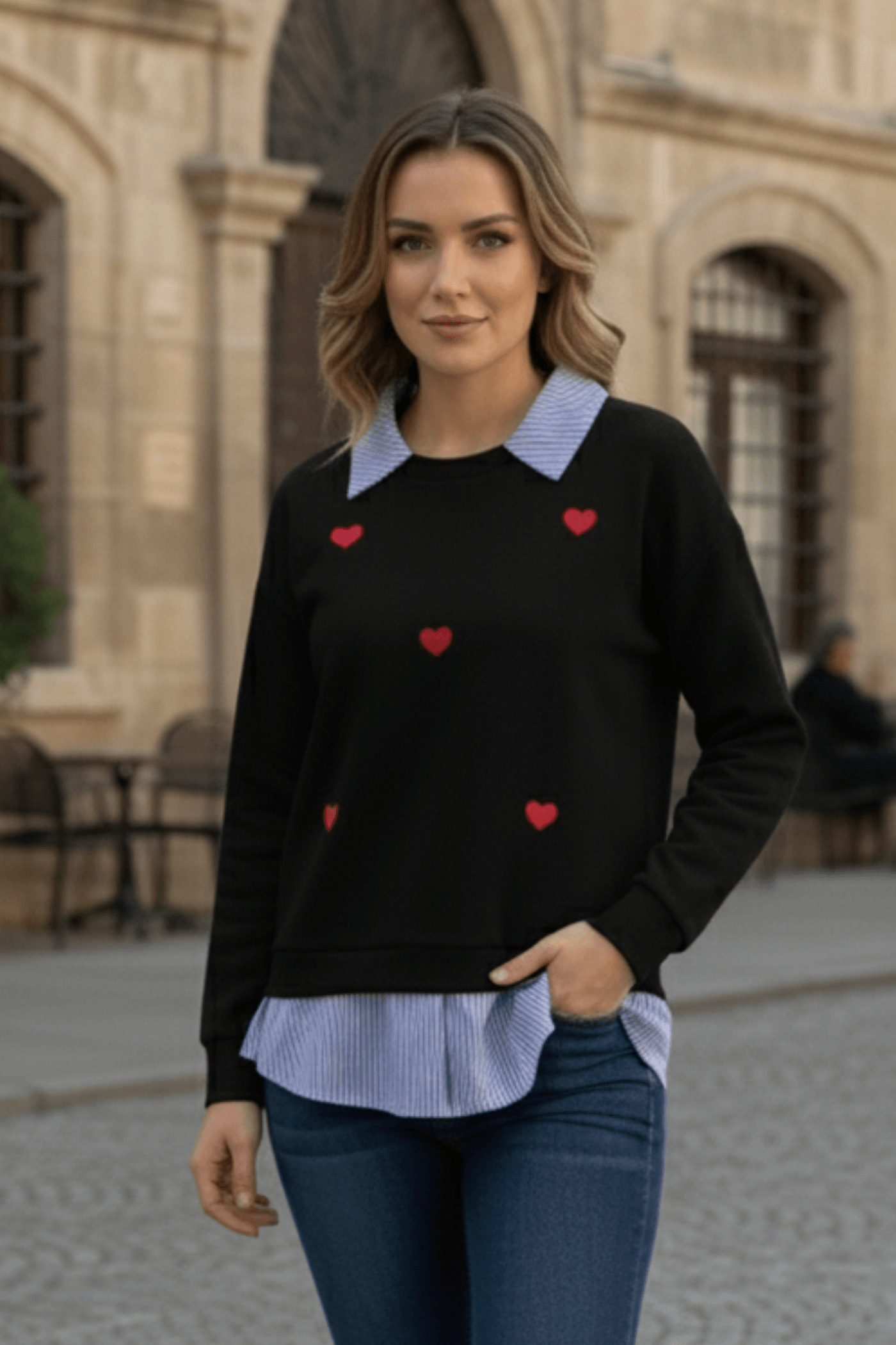 Kalp Nakışlı Polo Yaka Gömlek Detaylı Sweat - SIYAH