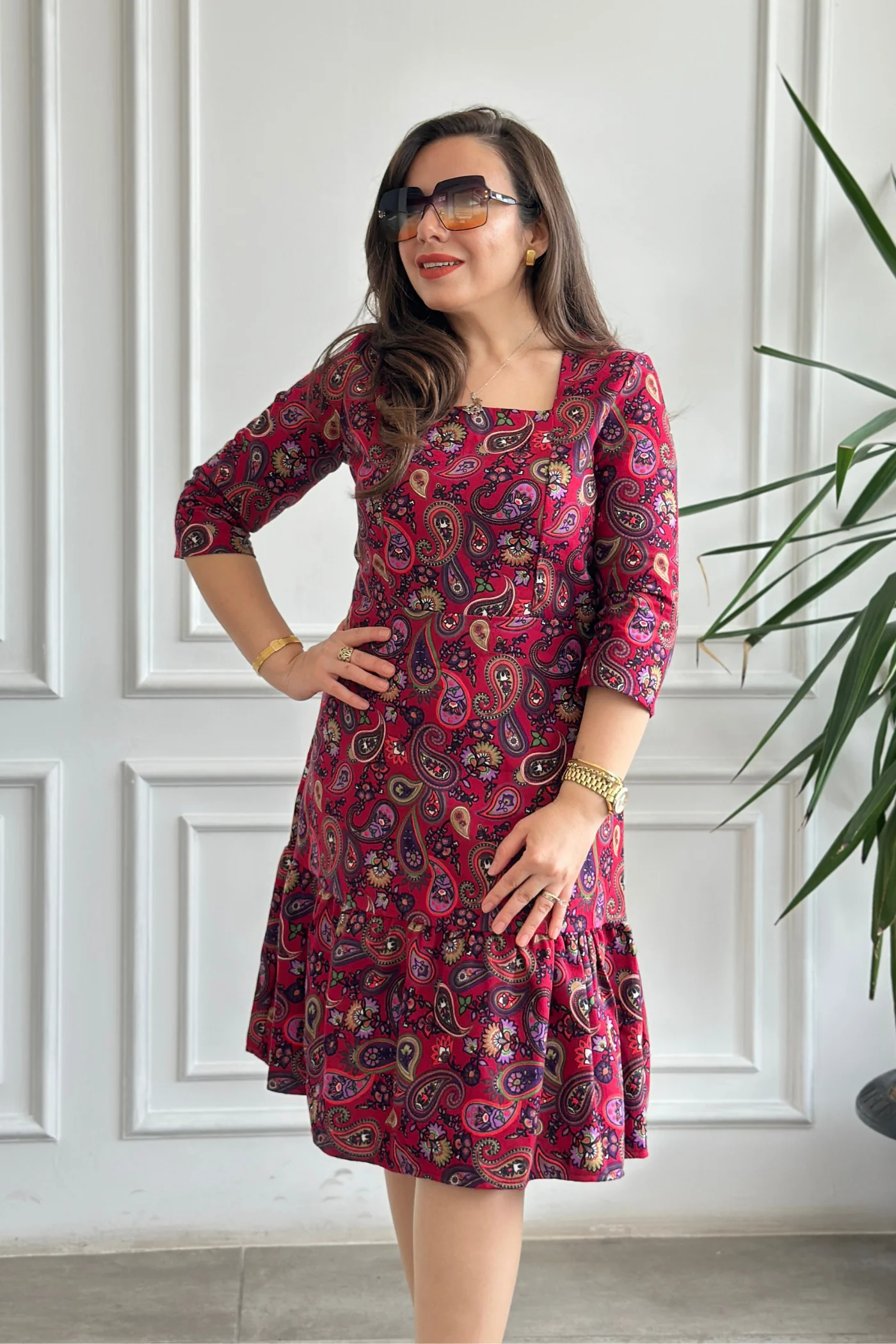 Etek Ucu Fırfırlı Kare Yaka Pazen Elbise - FUSYA MOR