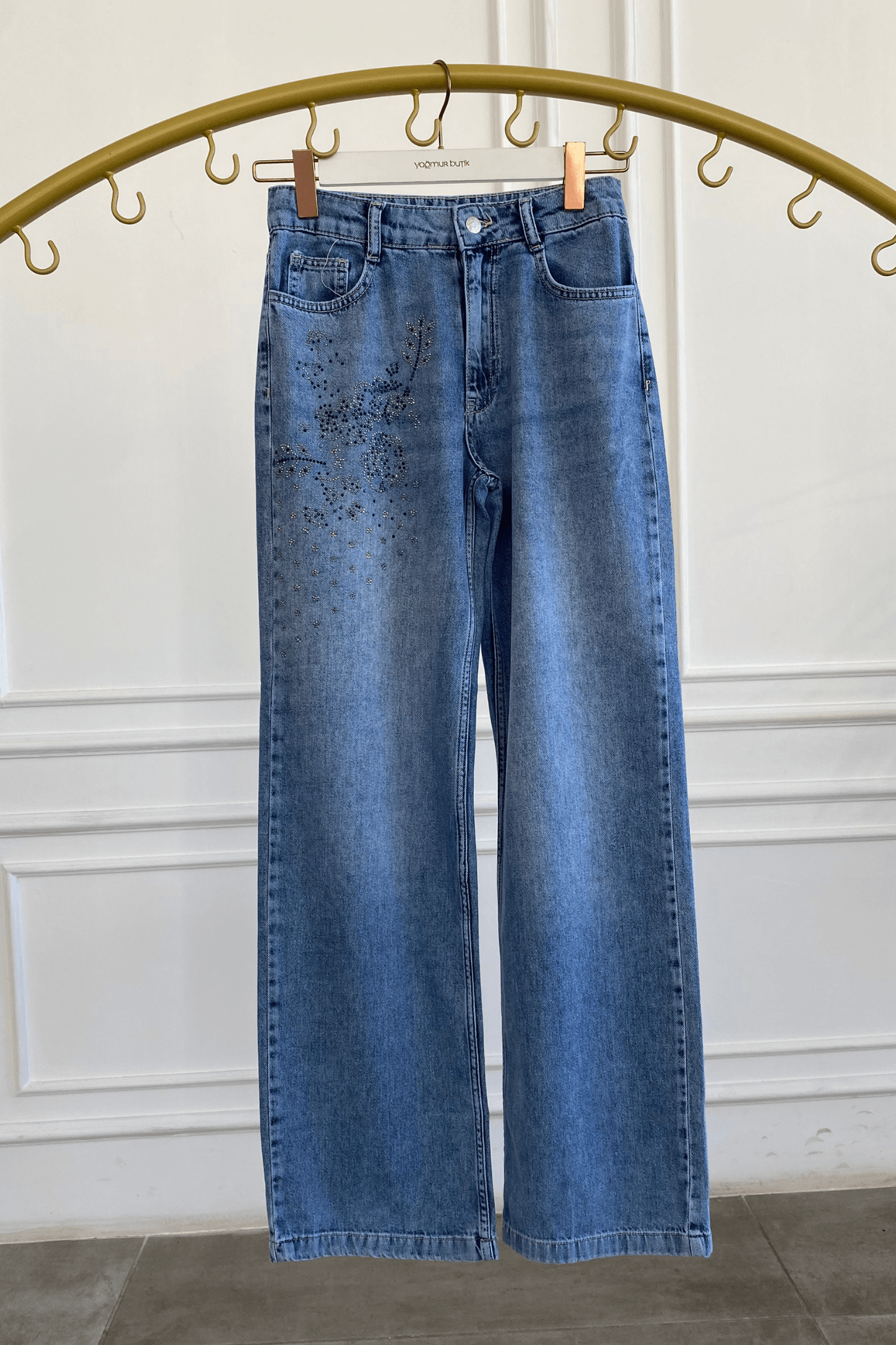 Ön Ve Arka Cebi Taş Detaylı Palazzo Kot Pantolon