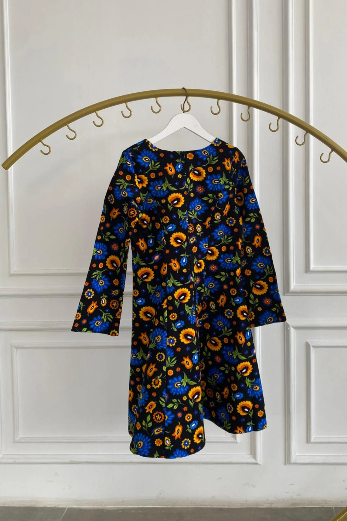 Oval Yaka Yanları Cep Detaylı Pazen Çan Elbise - SIYAH SARI