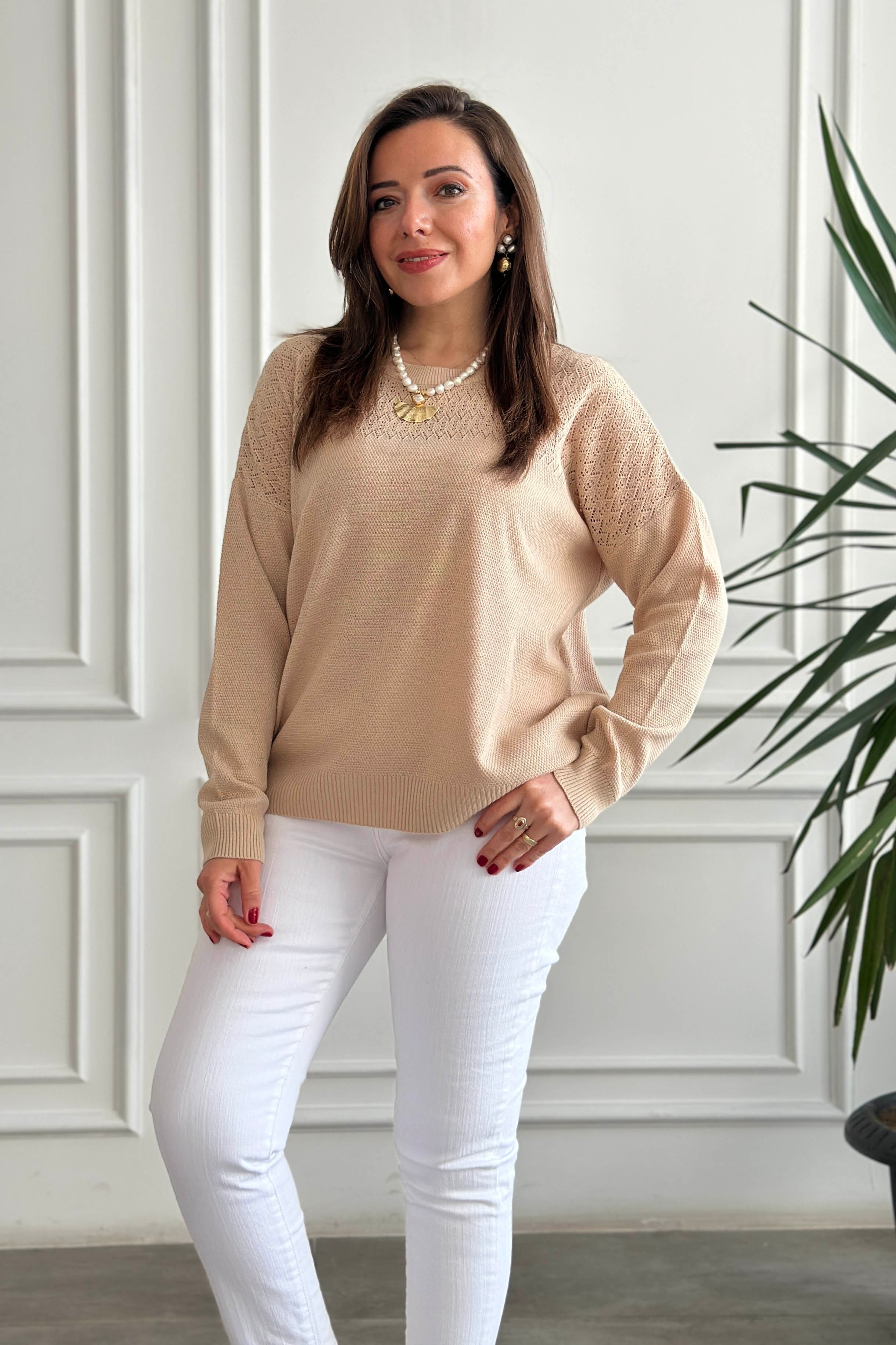 Bisiklet Yaka Zigzag Desenli Triko - CAMEL