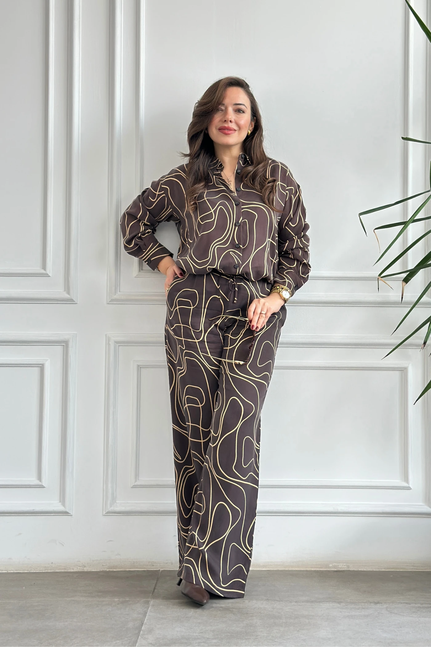 Çizgi Desenli Pantolonu Bol Paça Tensel Takım