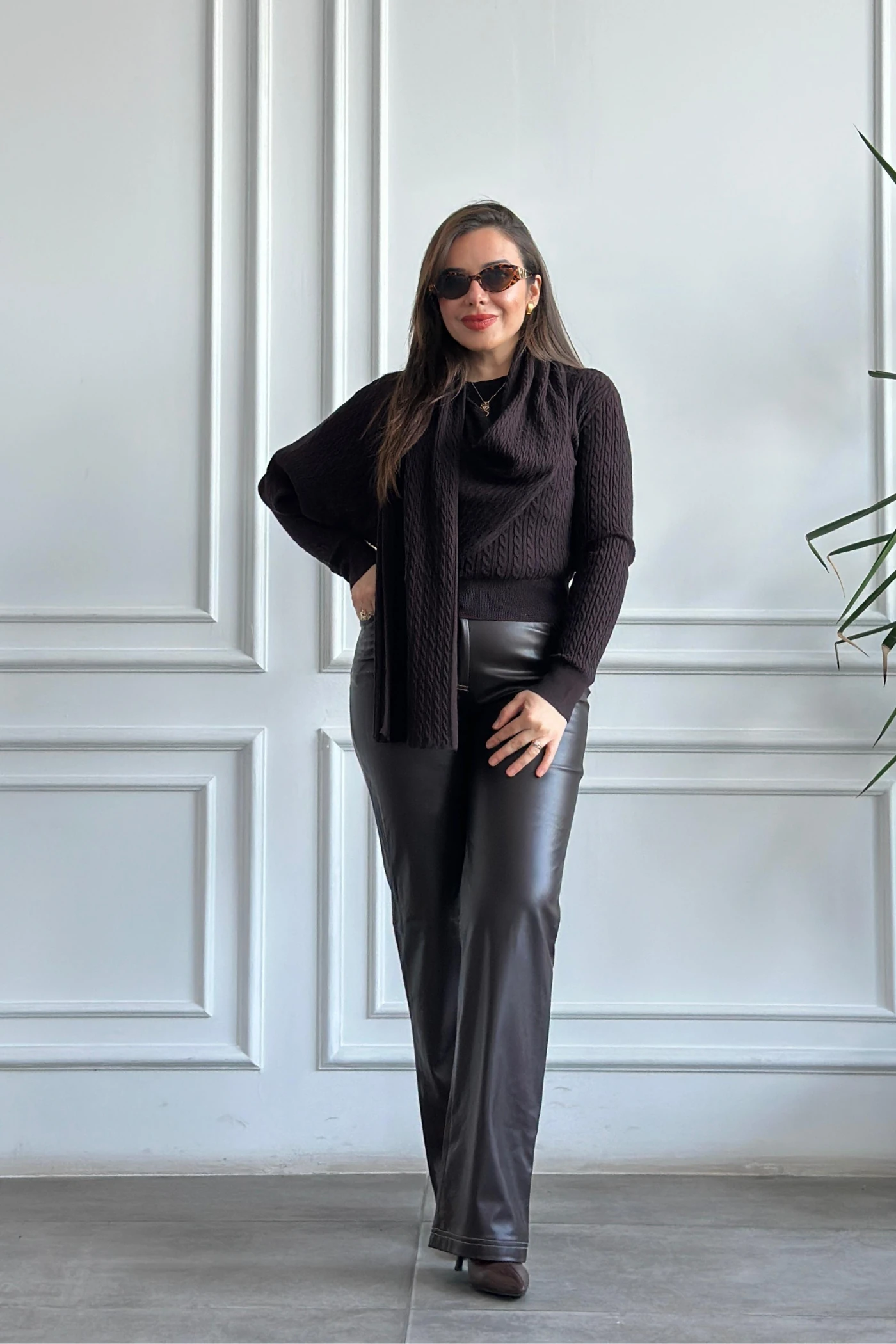 Sıvama Şardonlu Deri Pantolon - KAHVERENGI