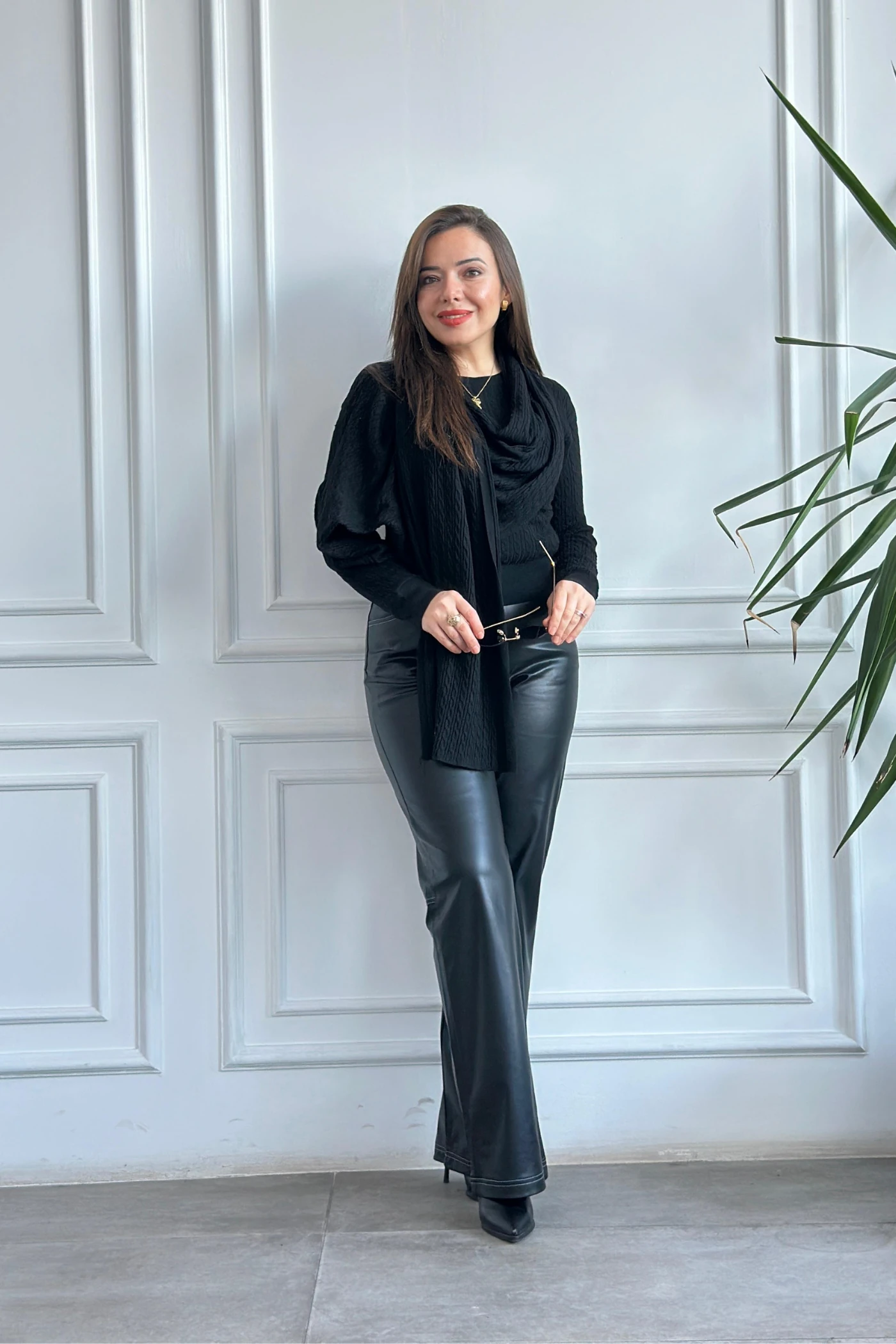 Sıvama Şardonlu Deri Pantolon - SIYAH