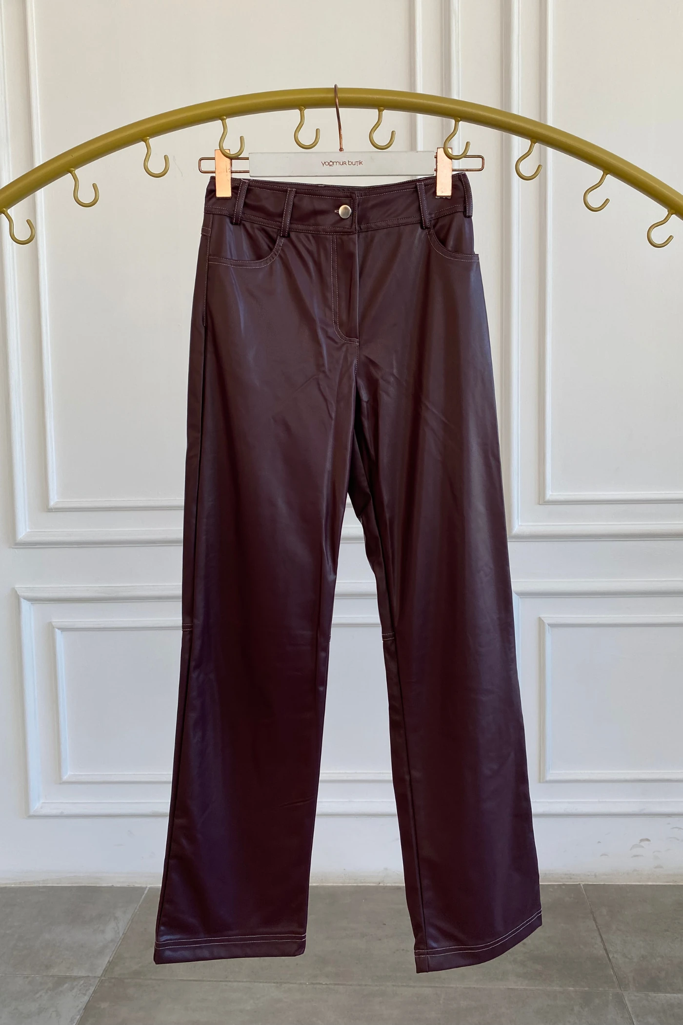 Sıvama Şardonlu Deri Pantolon - BORDO