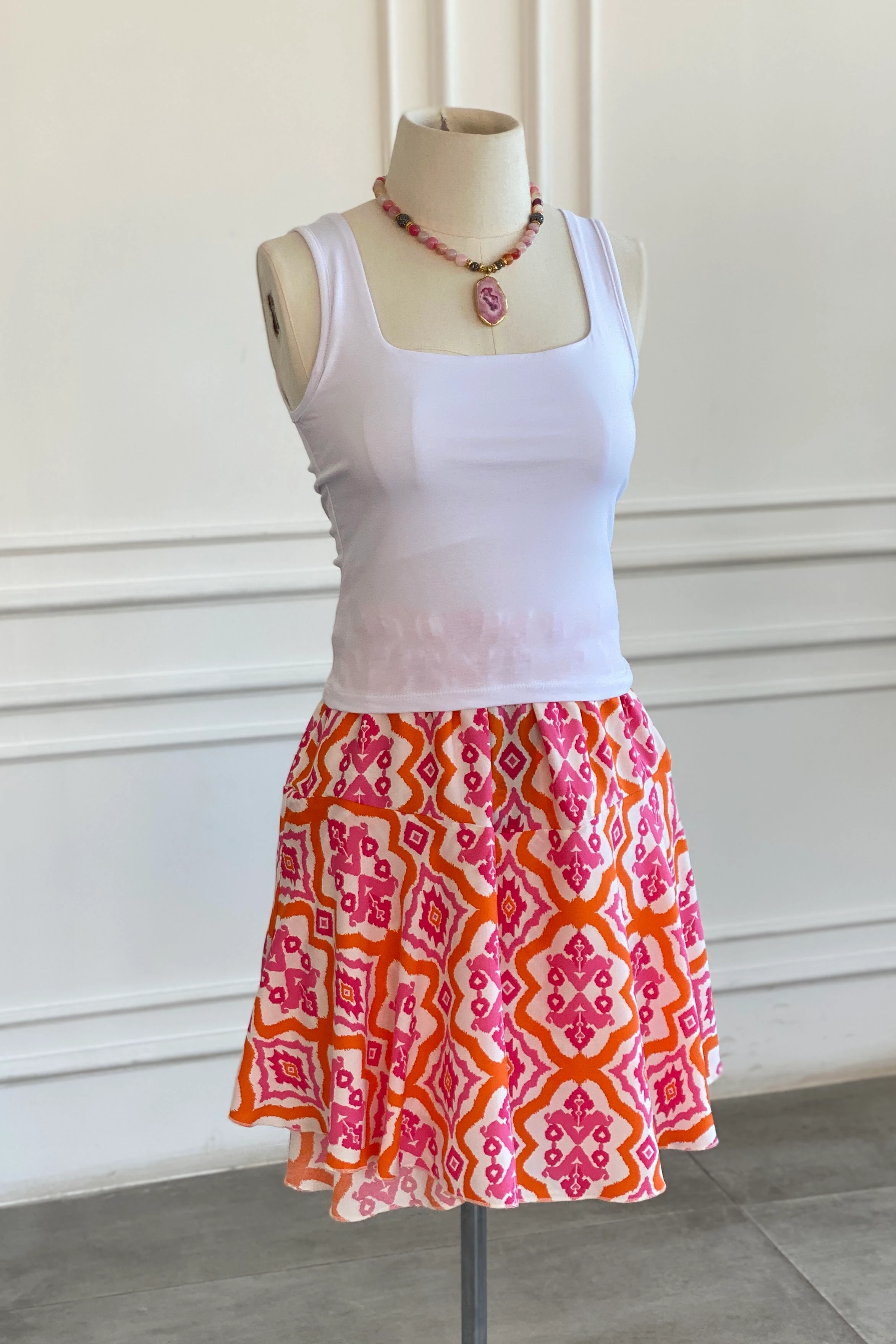 Desenli Dokuma Viskon Şort Etek - PEMBE TURUNCU