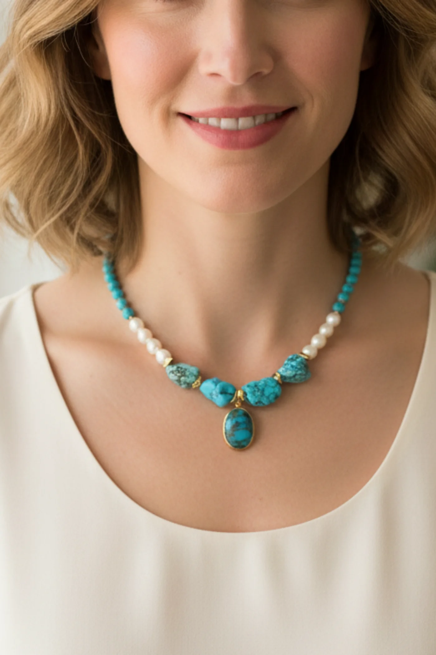 KLY57 Doğal Taş Amozonit Turkuaz Ve Sedef Detaylı Ucu Firuze Kolye 