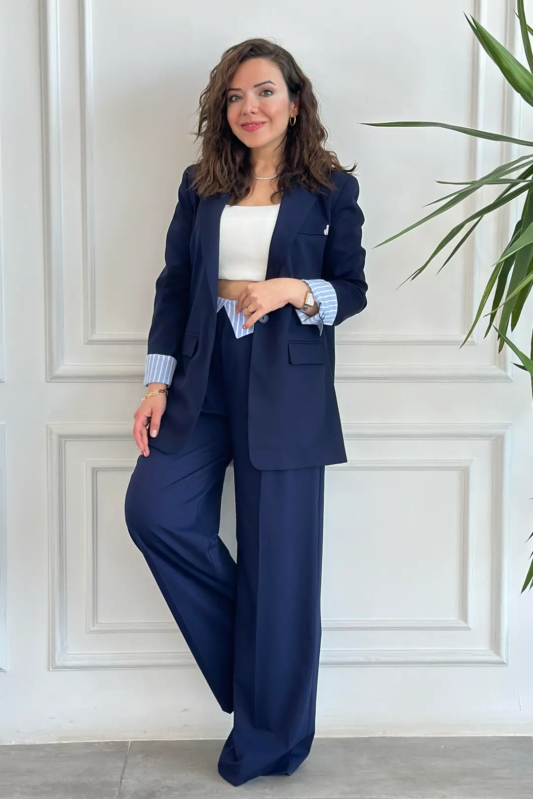 Blazer Ceket ve Palazzo Pantolon – Uzun Kollu