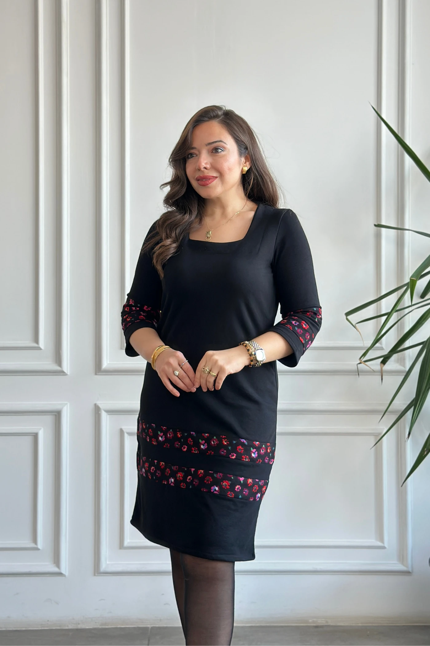 Etek Ve Kol Pazen Detaylı Pamuk Elbise - SIYAH FUSYA