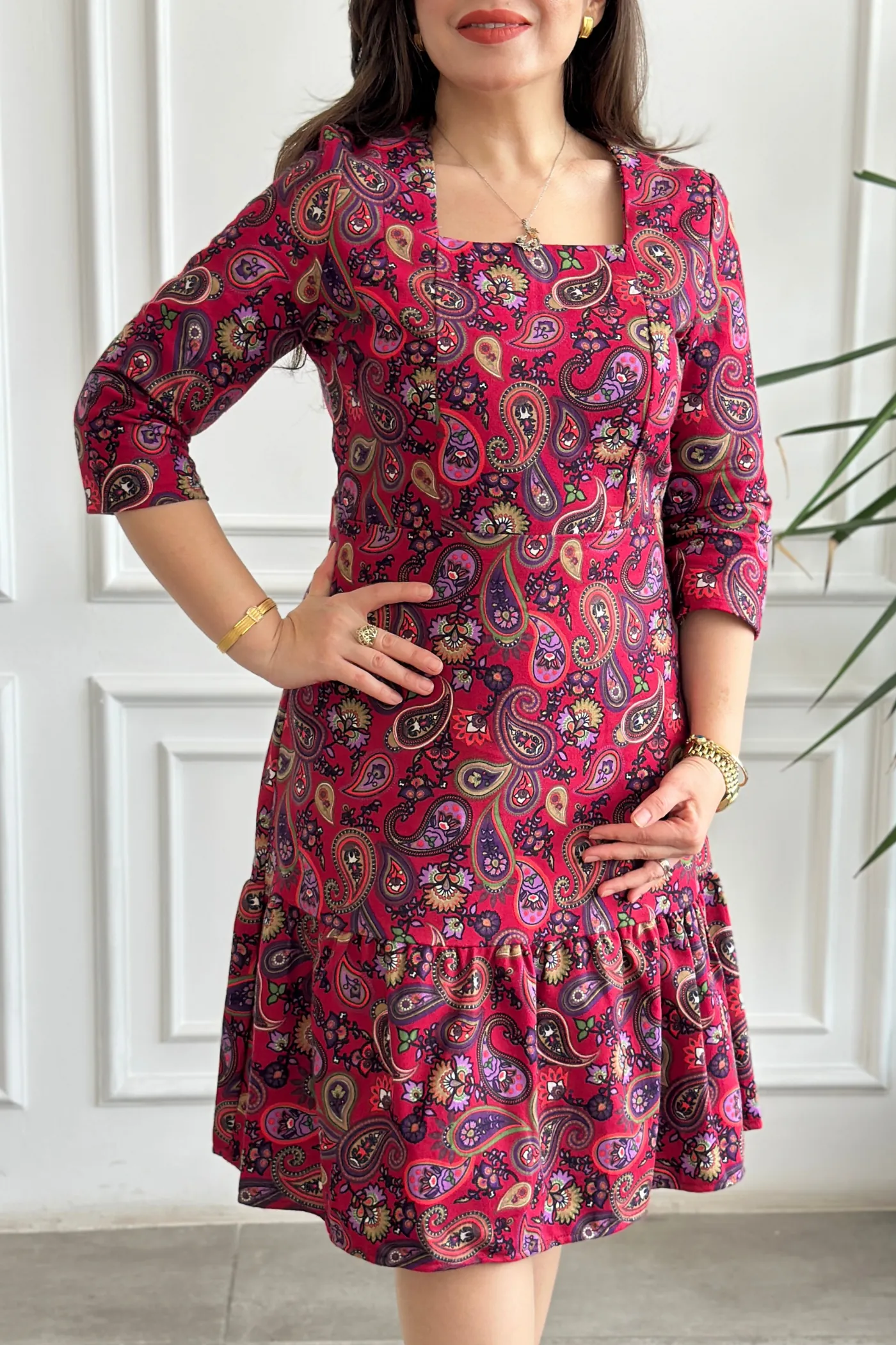 Etek Ucu Fırfırlı Kare Yaka Pazen Elbise - FUSYA MOR