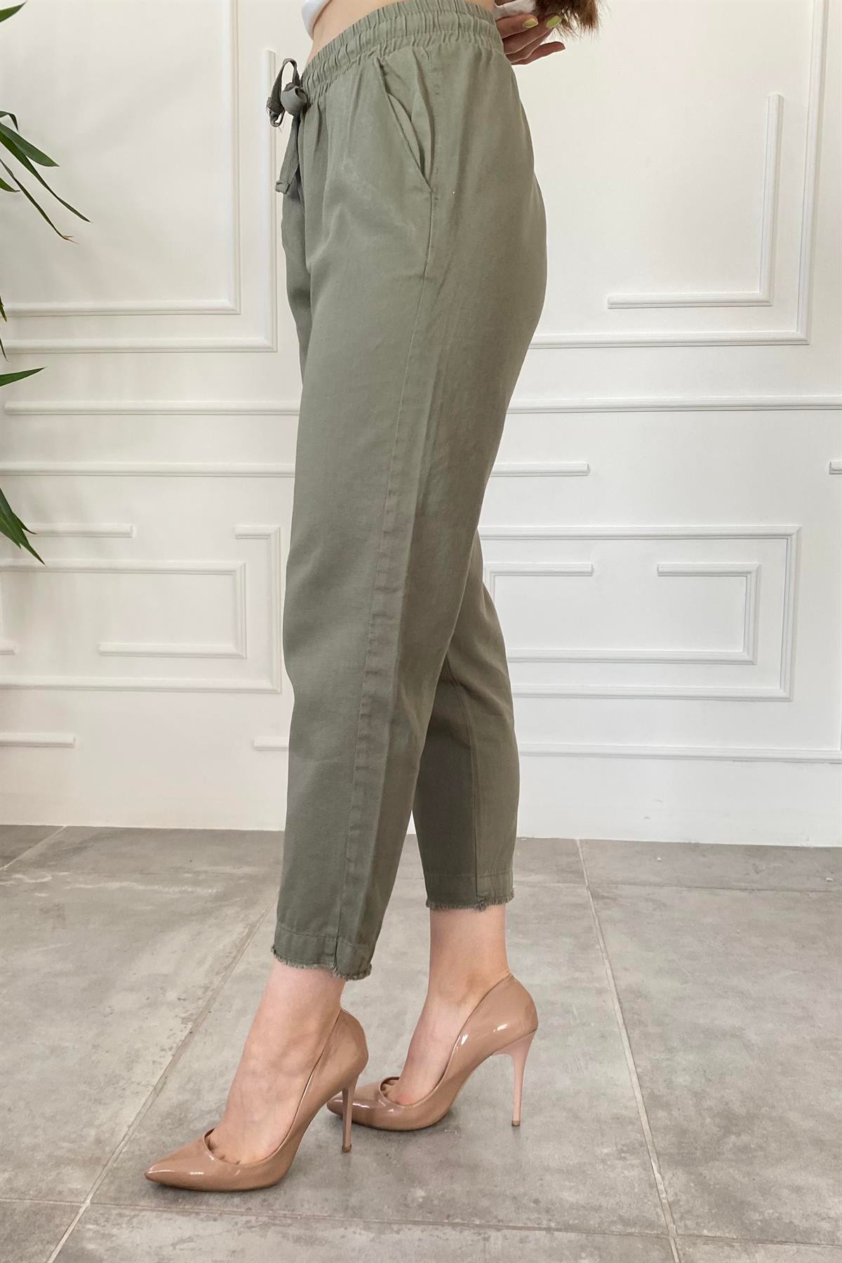 Paçası Püsküllü Beli Lastikli Gabardin Pantolon