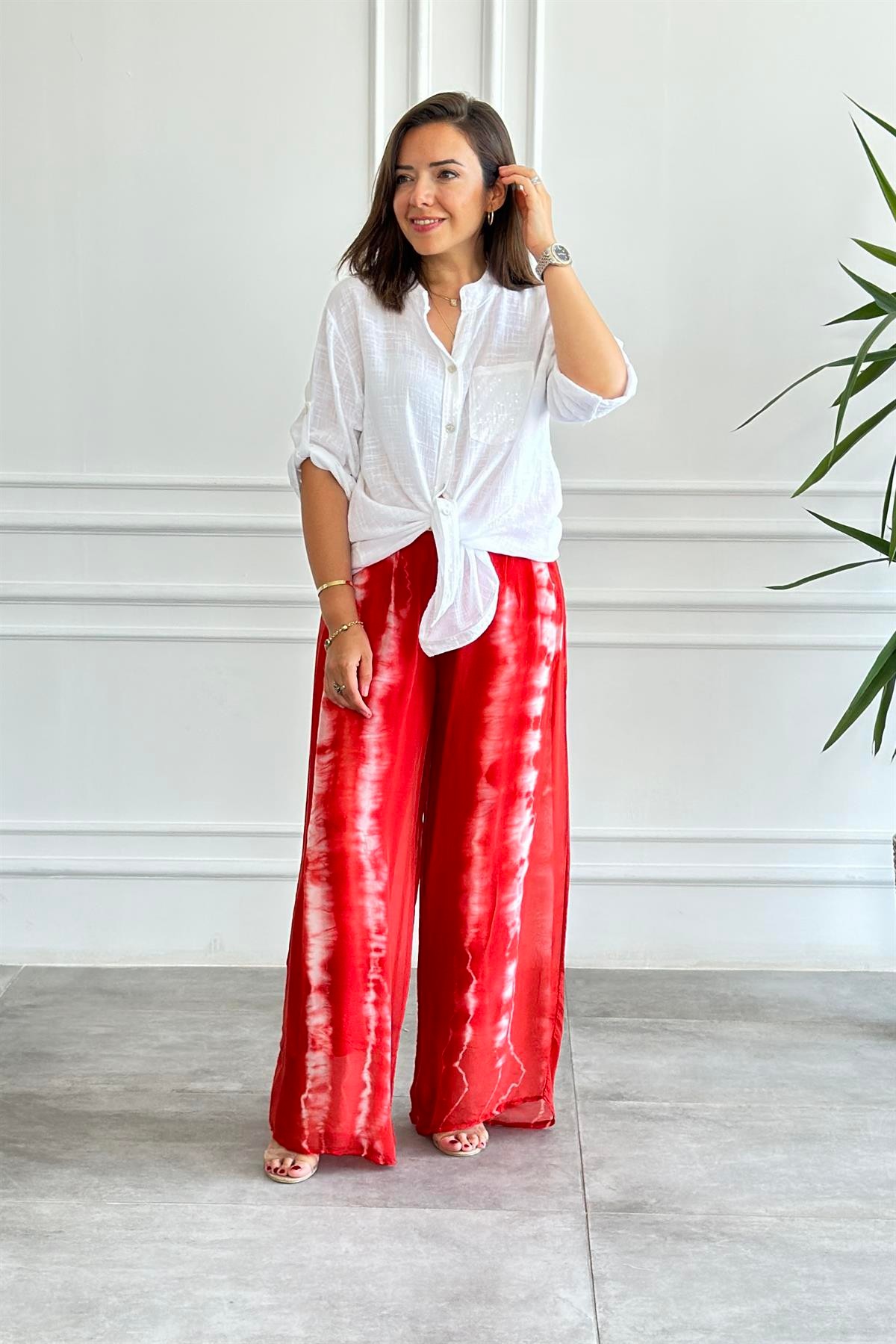 Batik Desenli İpek Bol Paça Pantolon