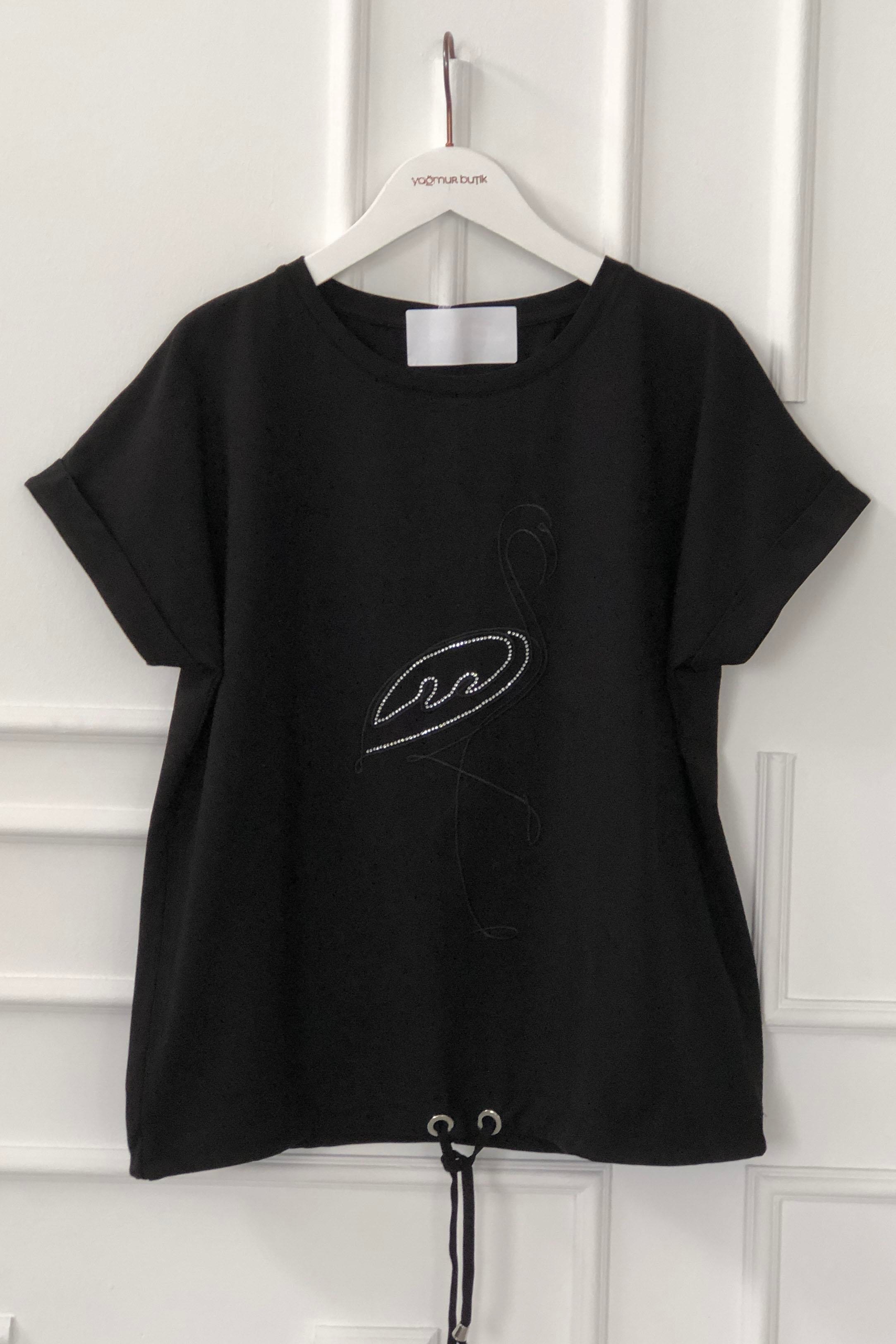 Beli Bağlamalı Önü Flamingo Nakış İşlemeli T-Shirt
