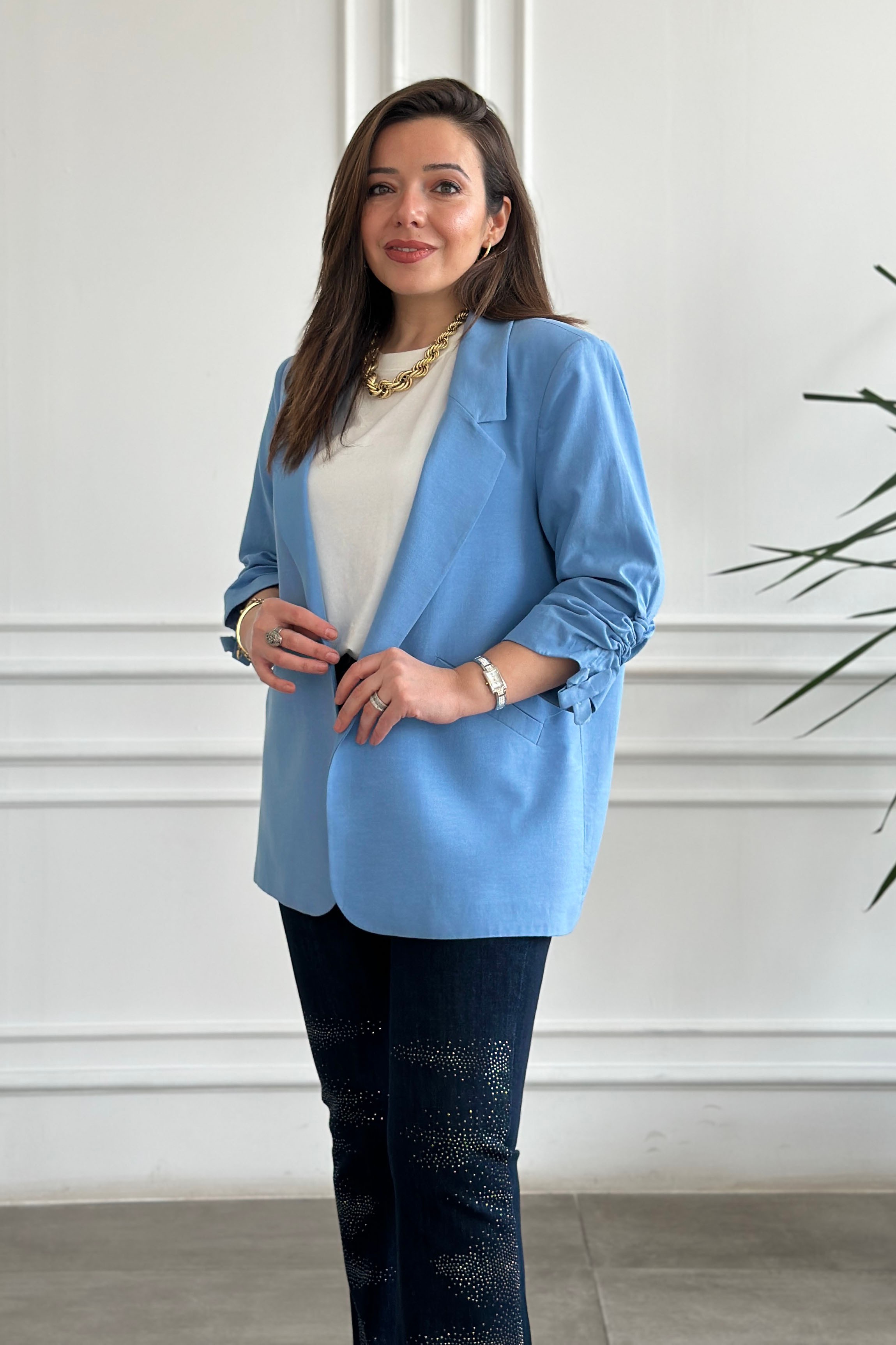 Kolları Büzgülü Blazer Ceket - MAVI