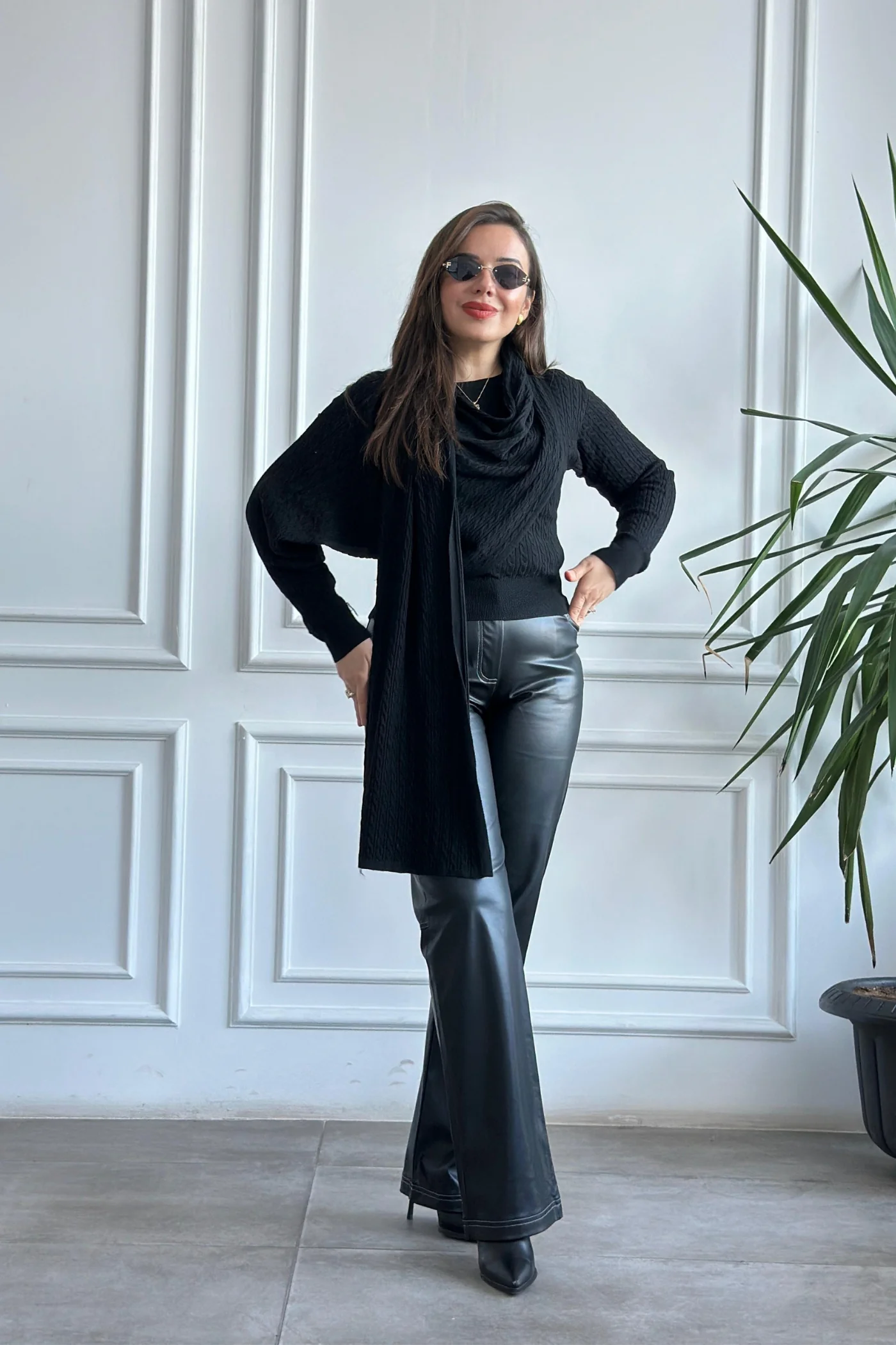 Sıvama Şardonlu Deri Pantolon - SIYAH