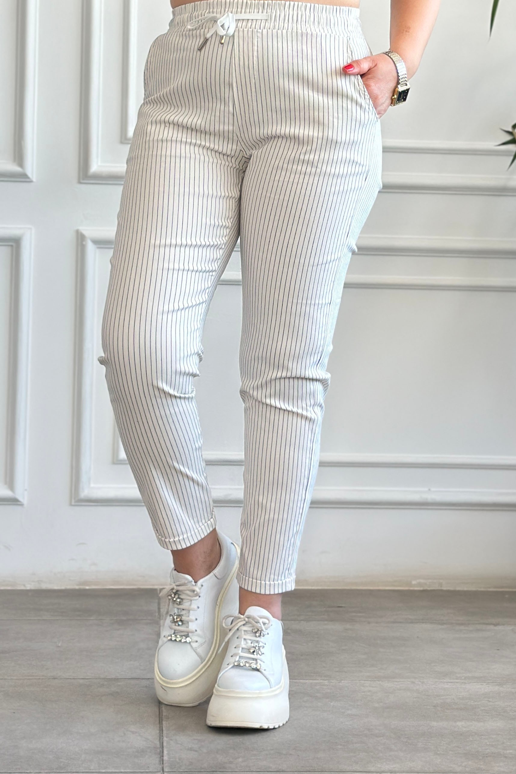 Duble Paça Beli Lastikli Çizgili Pantolon - BEYAZ