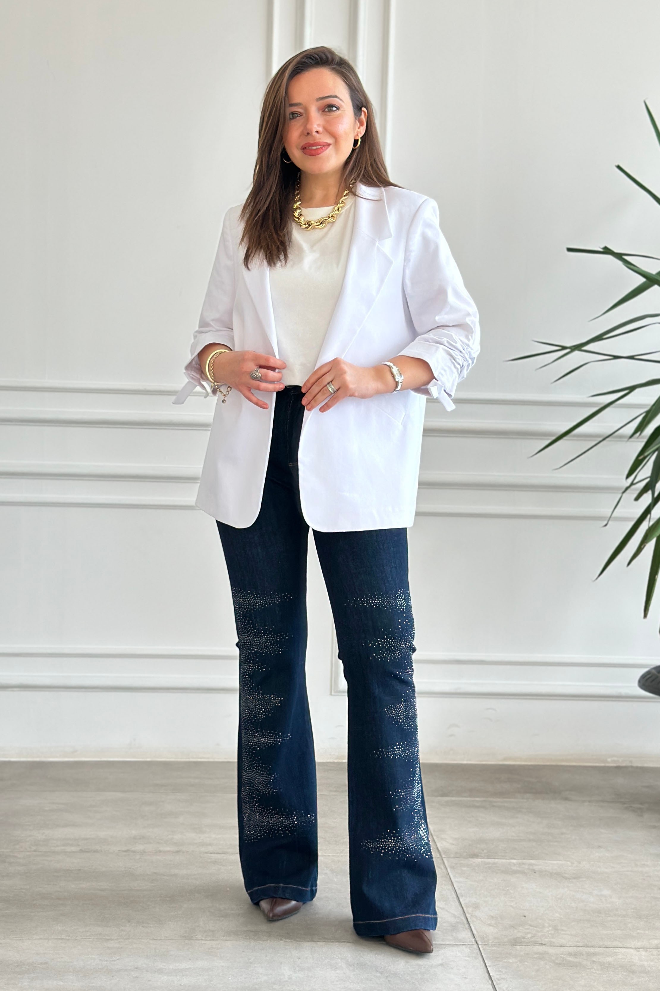 Kolları Büzgülü Blazer Ceket - BEYAZ