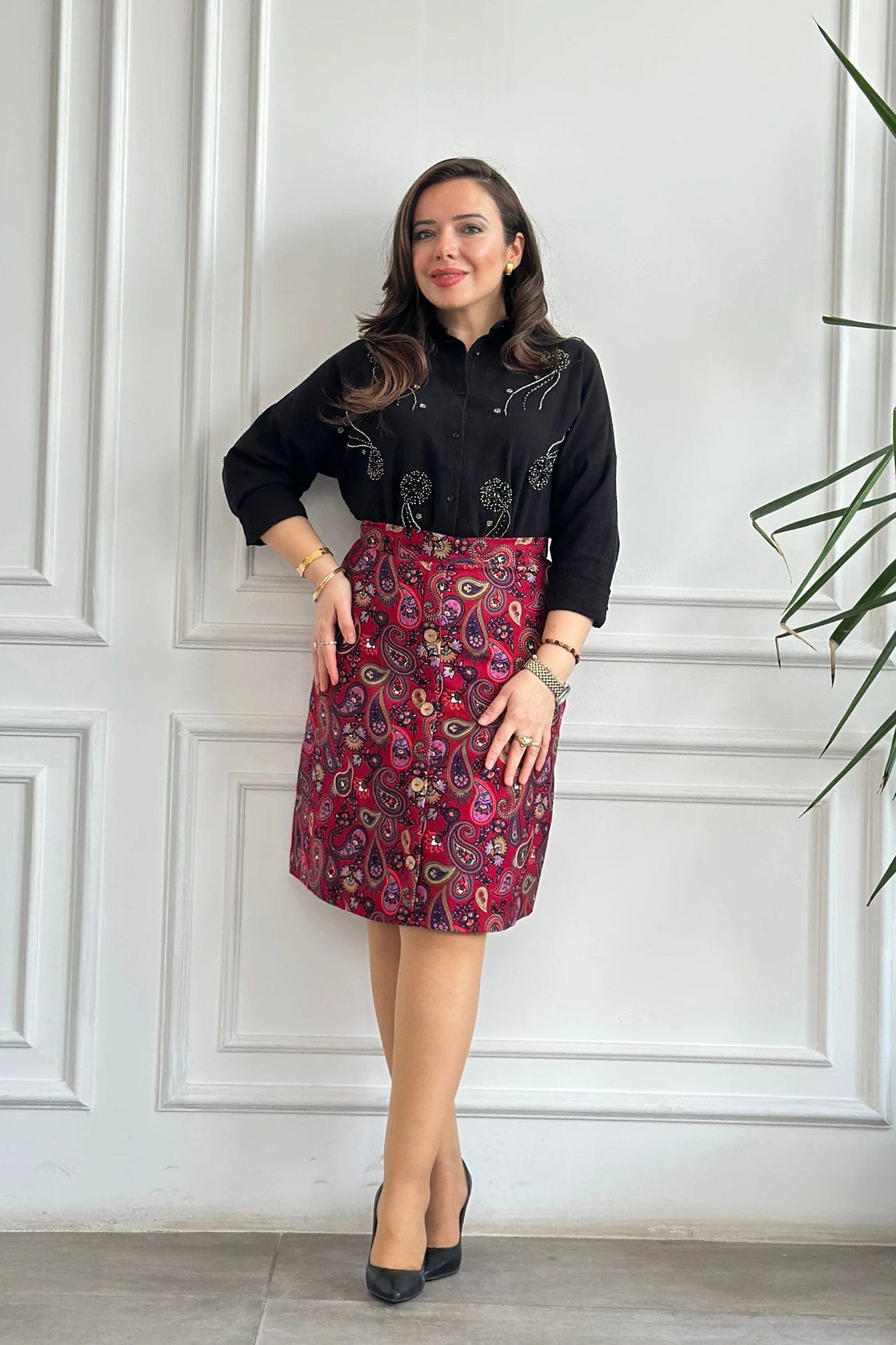 Önü Süs Düğme Detaylı Pazen Çan Etek - FUSYA MOR