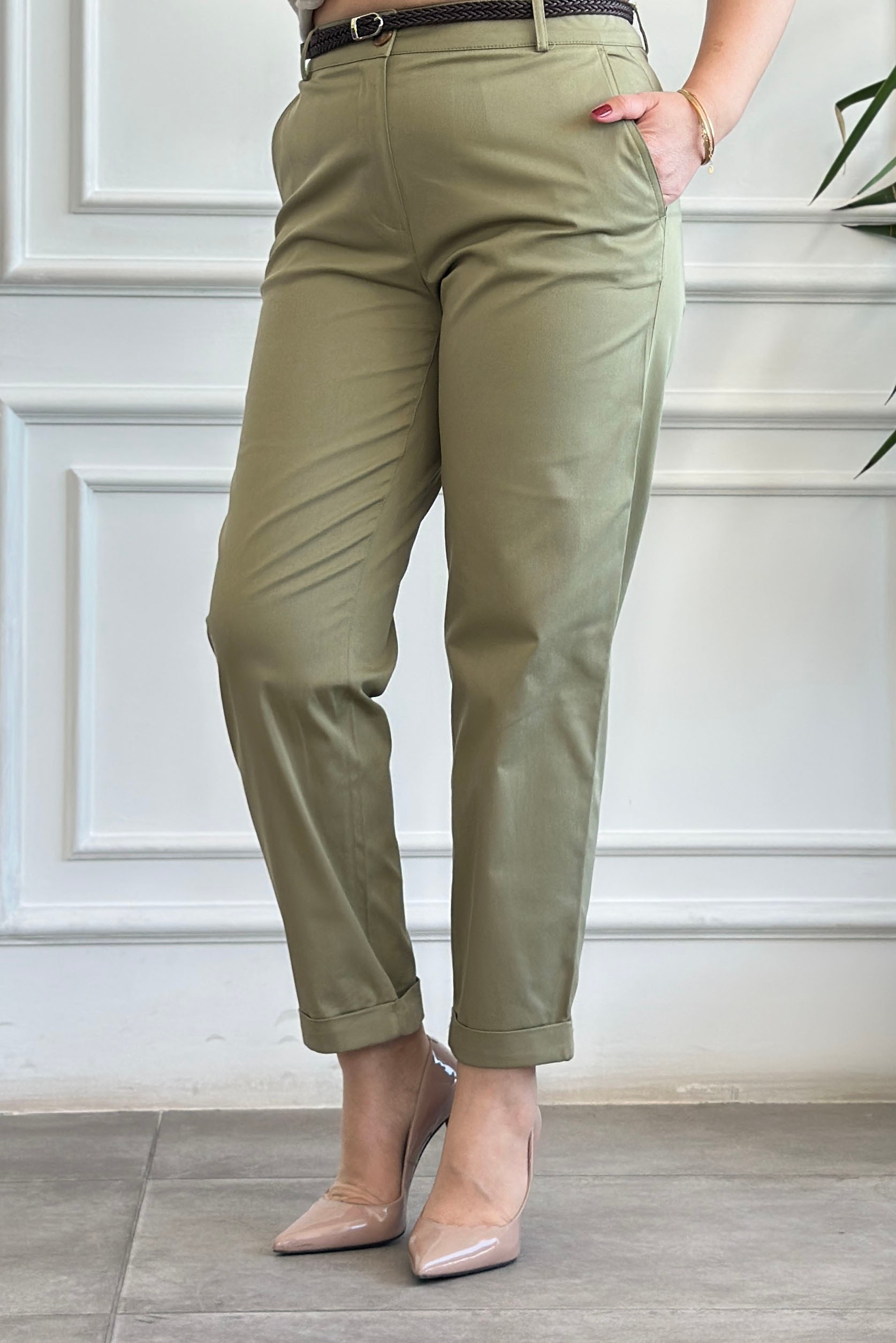 Kendinden Kemerli Duble Paça Pantolon - HAKI