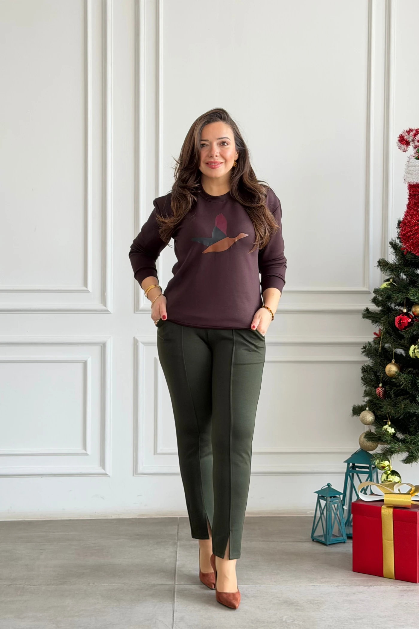 Önü Kuş Baskılı Sweat  - KAHVERENGI