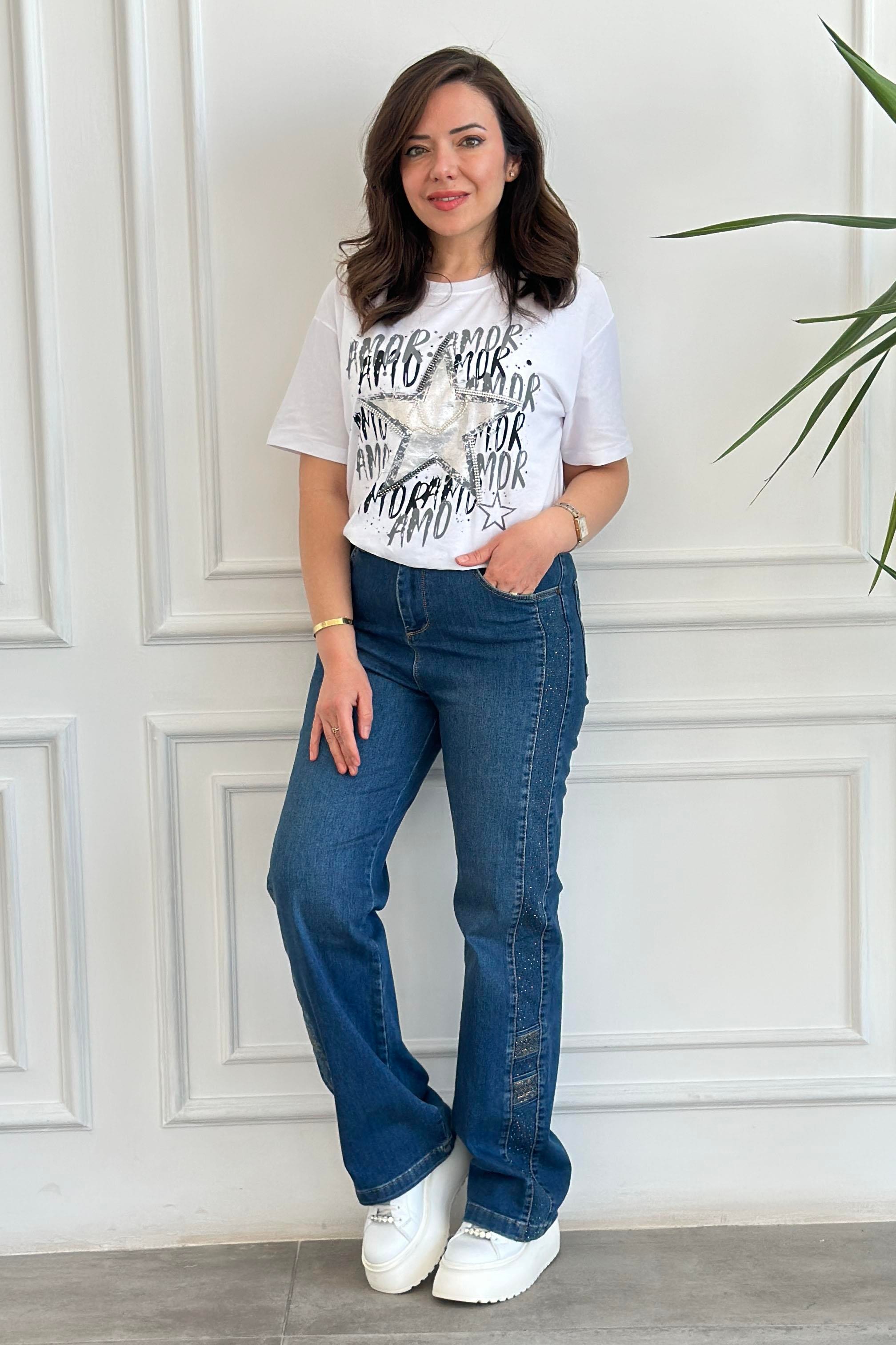 Bisiklet Yaka Yıldız Baskılı Taş İşlemeli T-Shirt