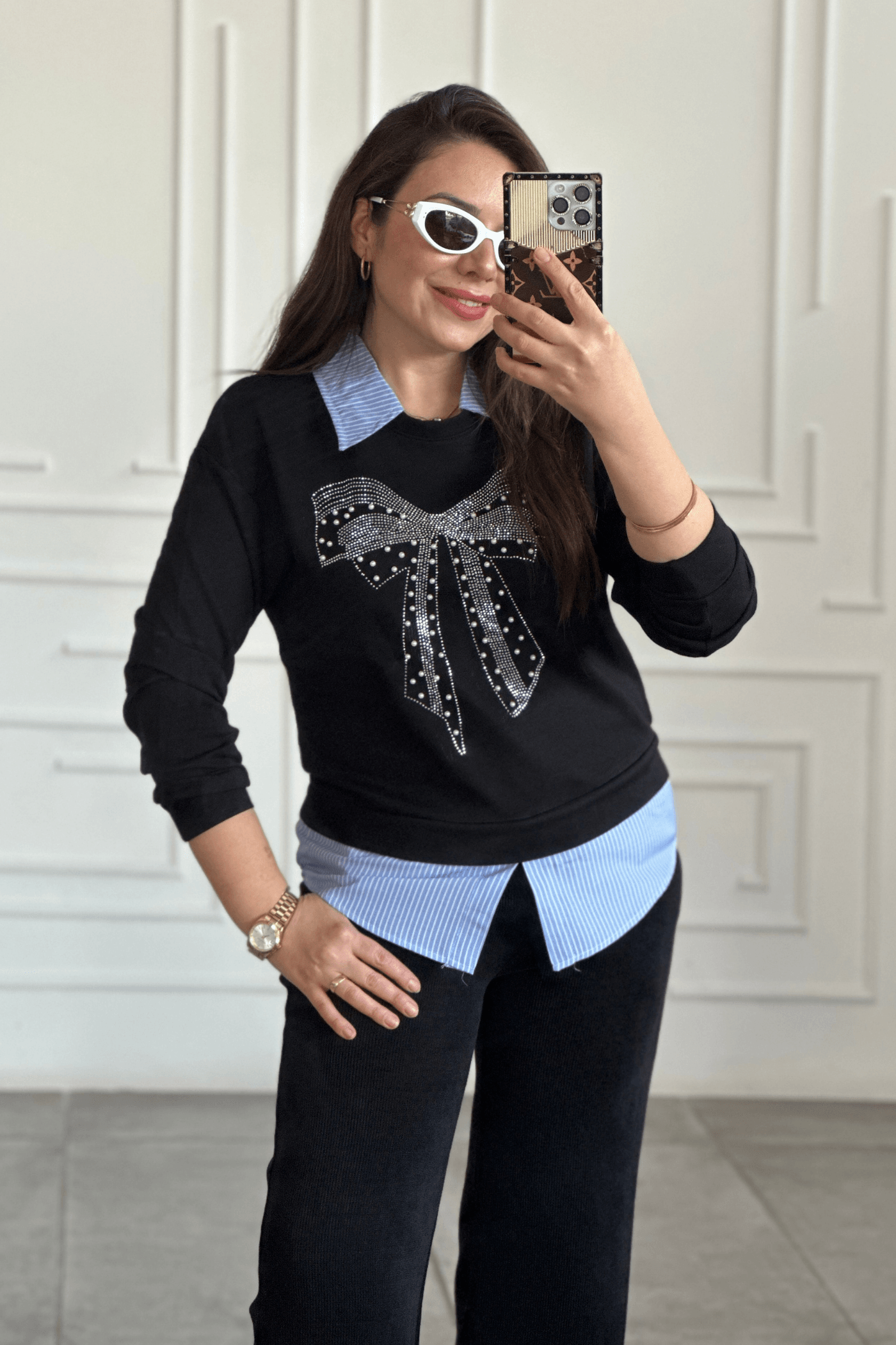 Fiyonk İnci Taş İşlemli Gömlek Detaylı Sweat