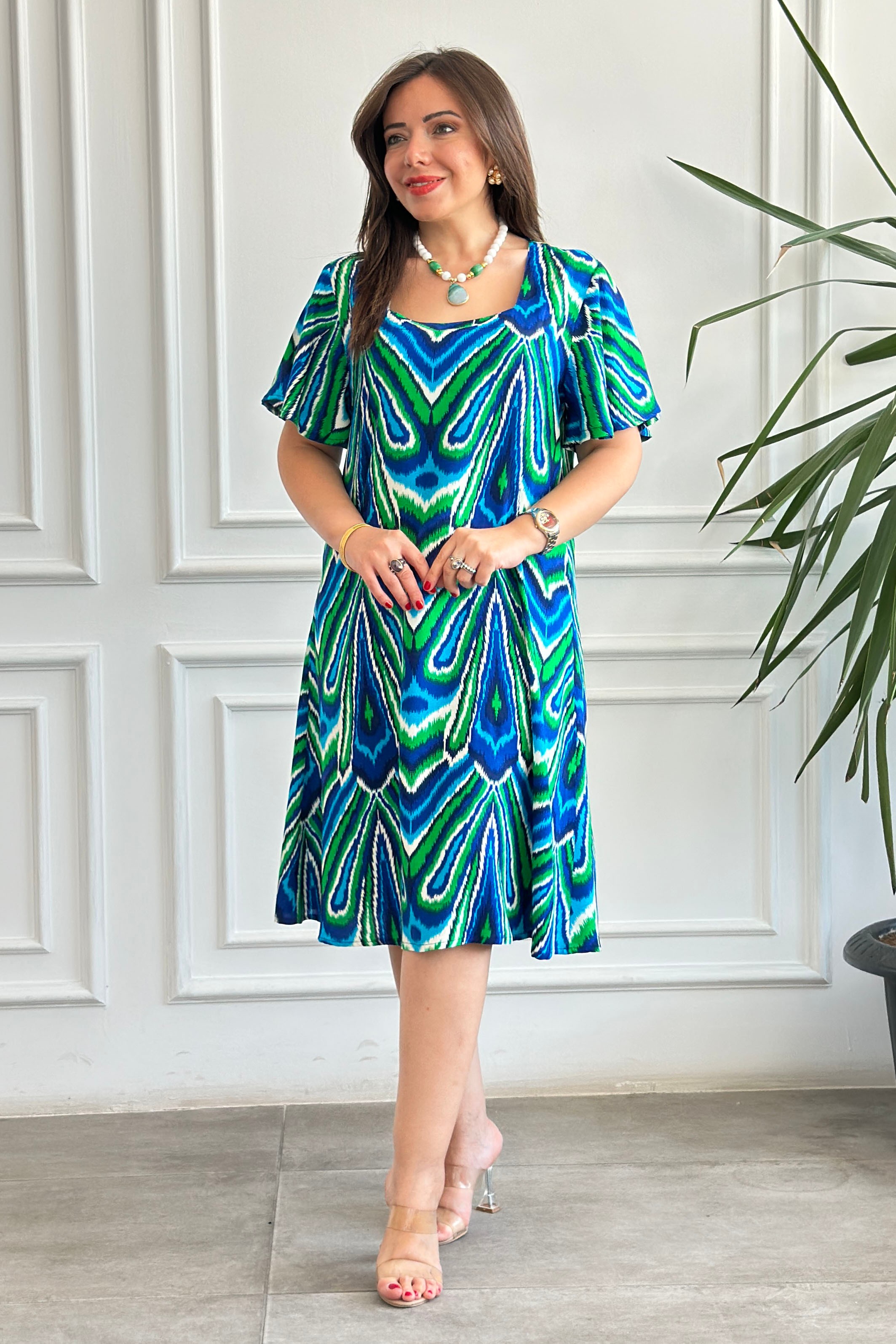 Kare Yaka Desenli Viscon Elbise - MINT LACIVERT