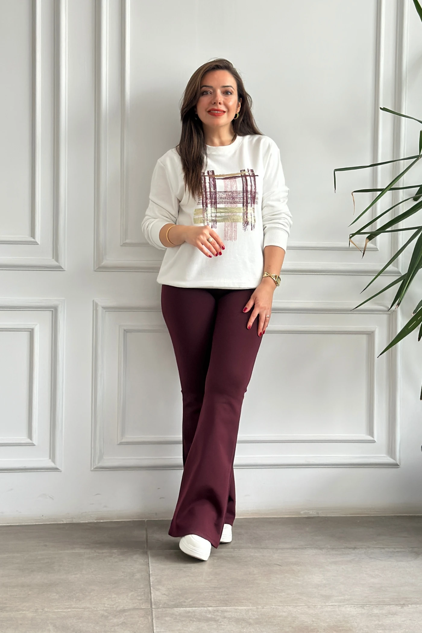 İspanyol Paça Çelik Örme Tayt Pantolon - BORDO