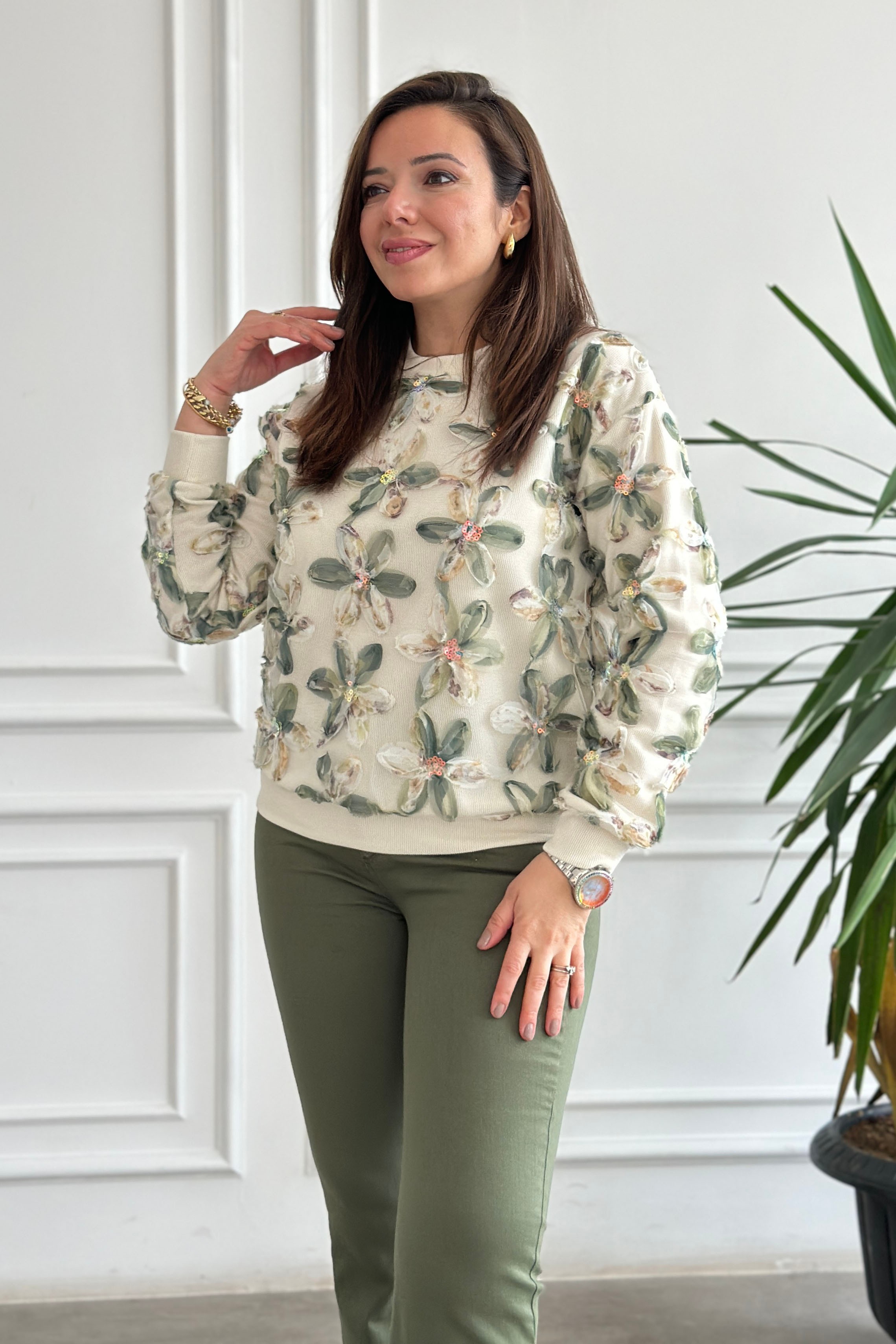 Tül Çiçek Pul İşlemeli Sweat - YESIL