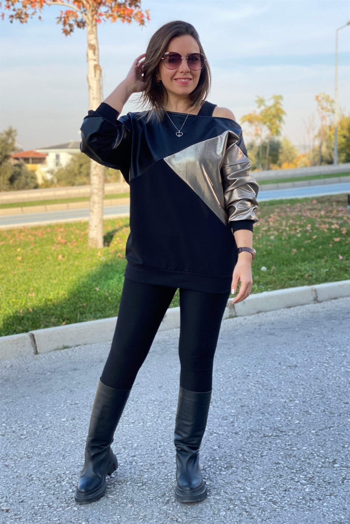 Omuz Askılı Gold Deri Garnili Bluz