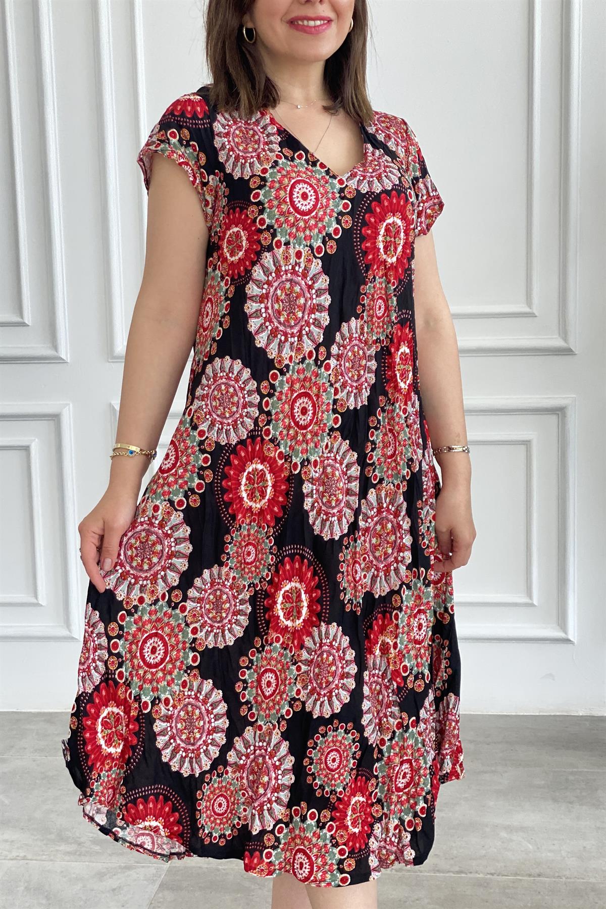 Mandala Desenli Ütü İstemeyen Penye Elbise