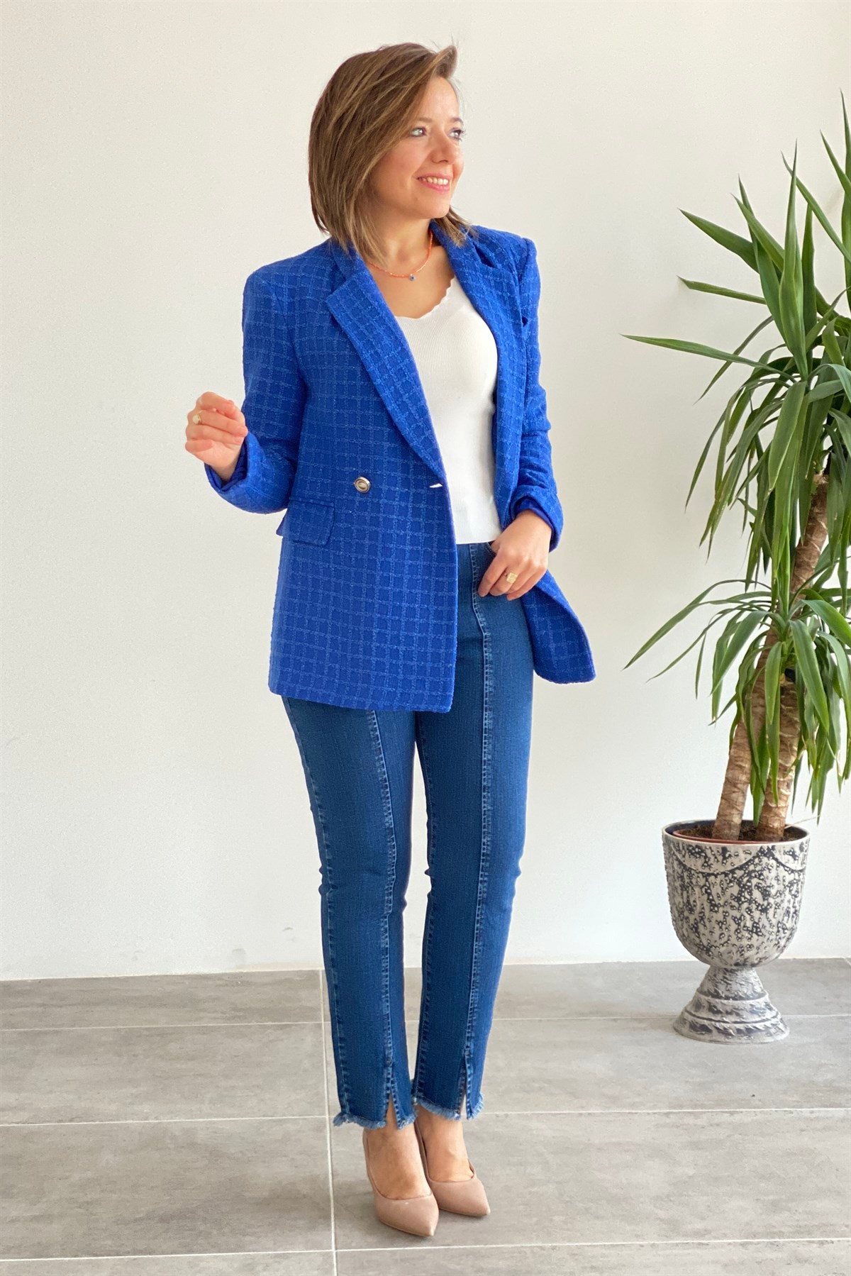 Kendinden Kareli İki Düğme Blazer Ceket