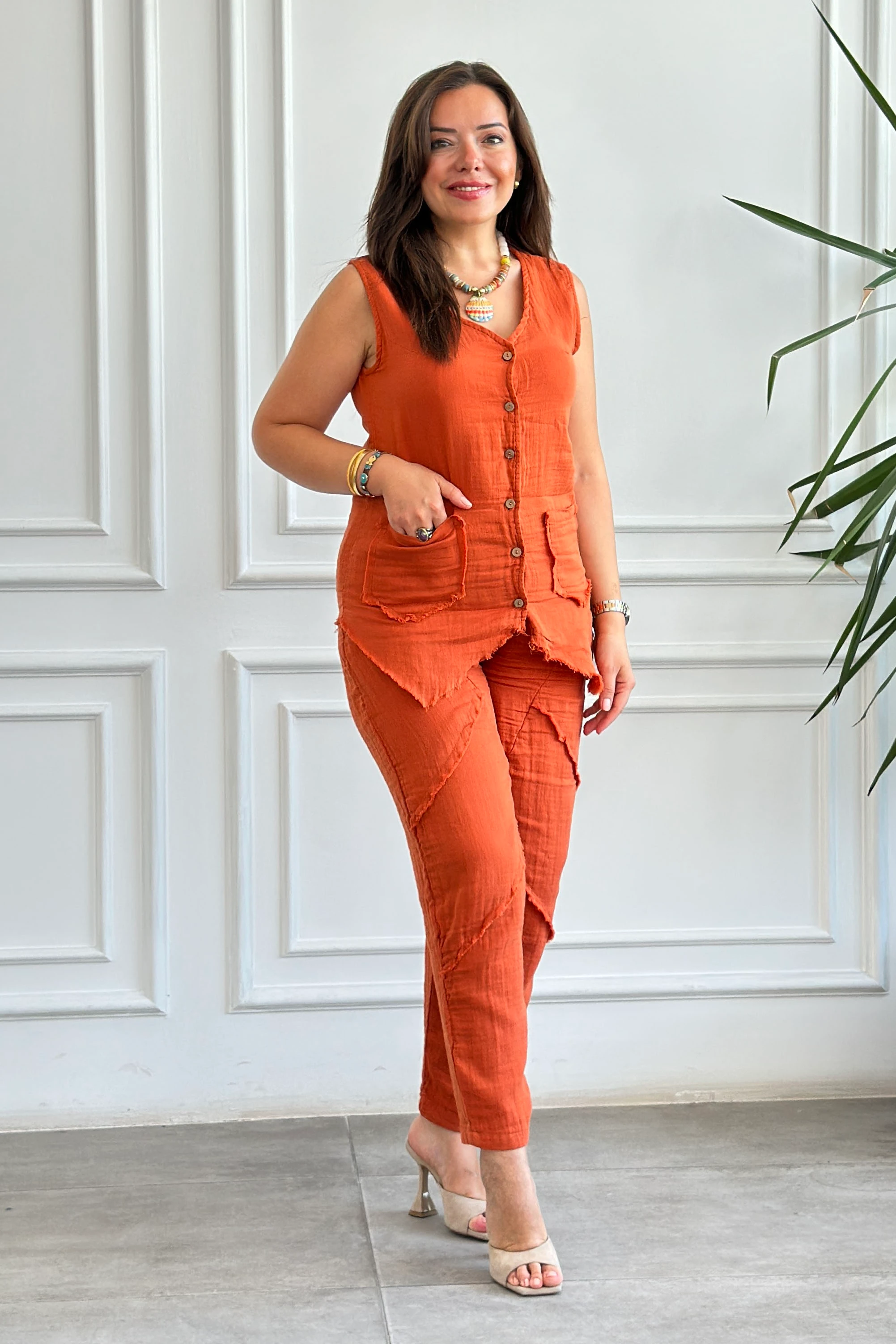 Önden Düğme Detaylı Cepken Yelek - KIREMIT