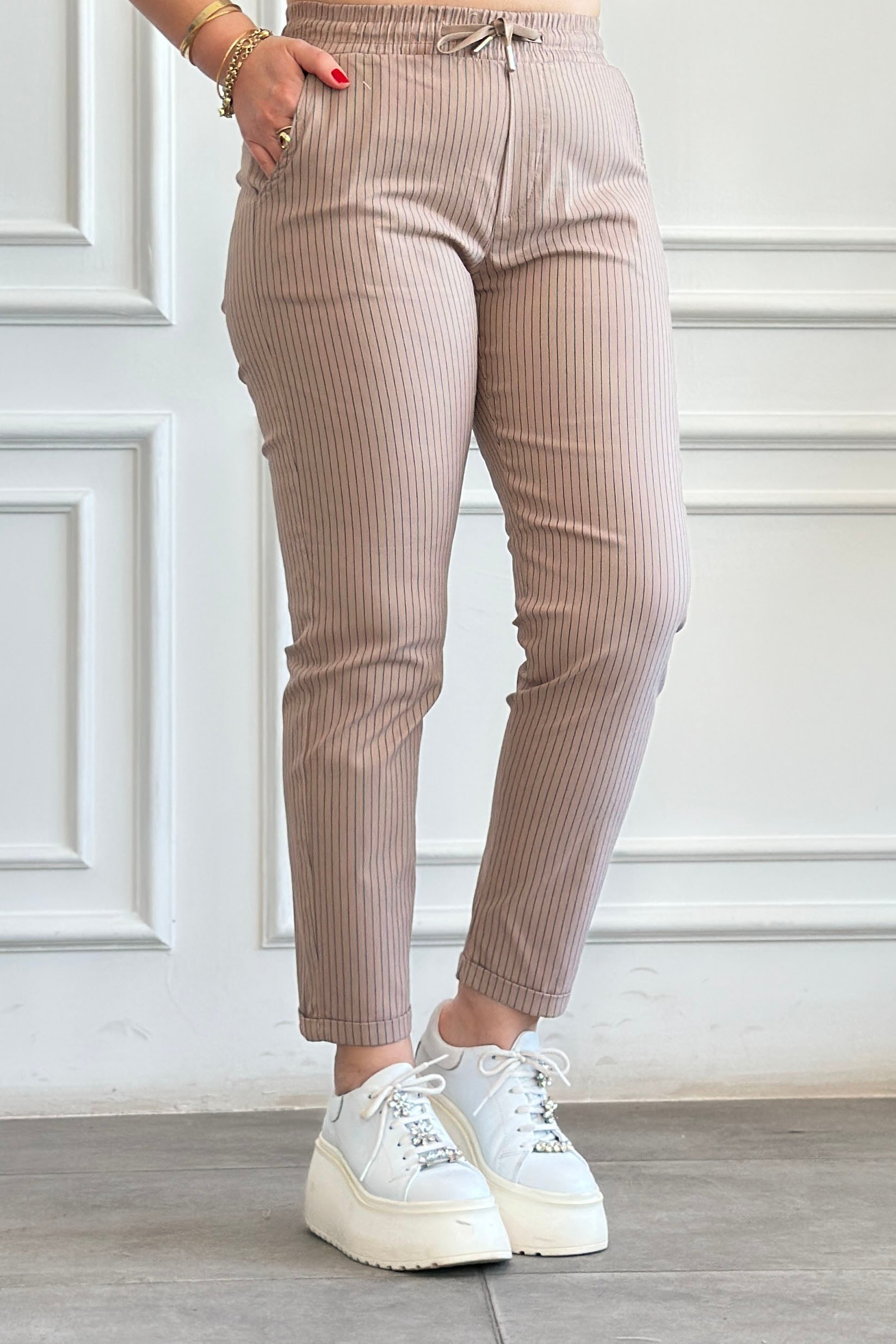 Duble Paça Beli Lastikli Çizgili Pantolon - VIZON