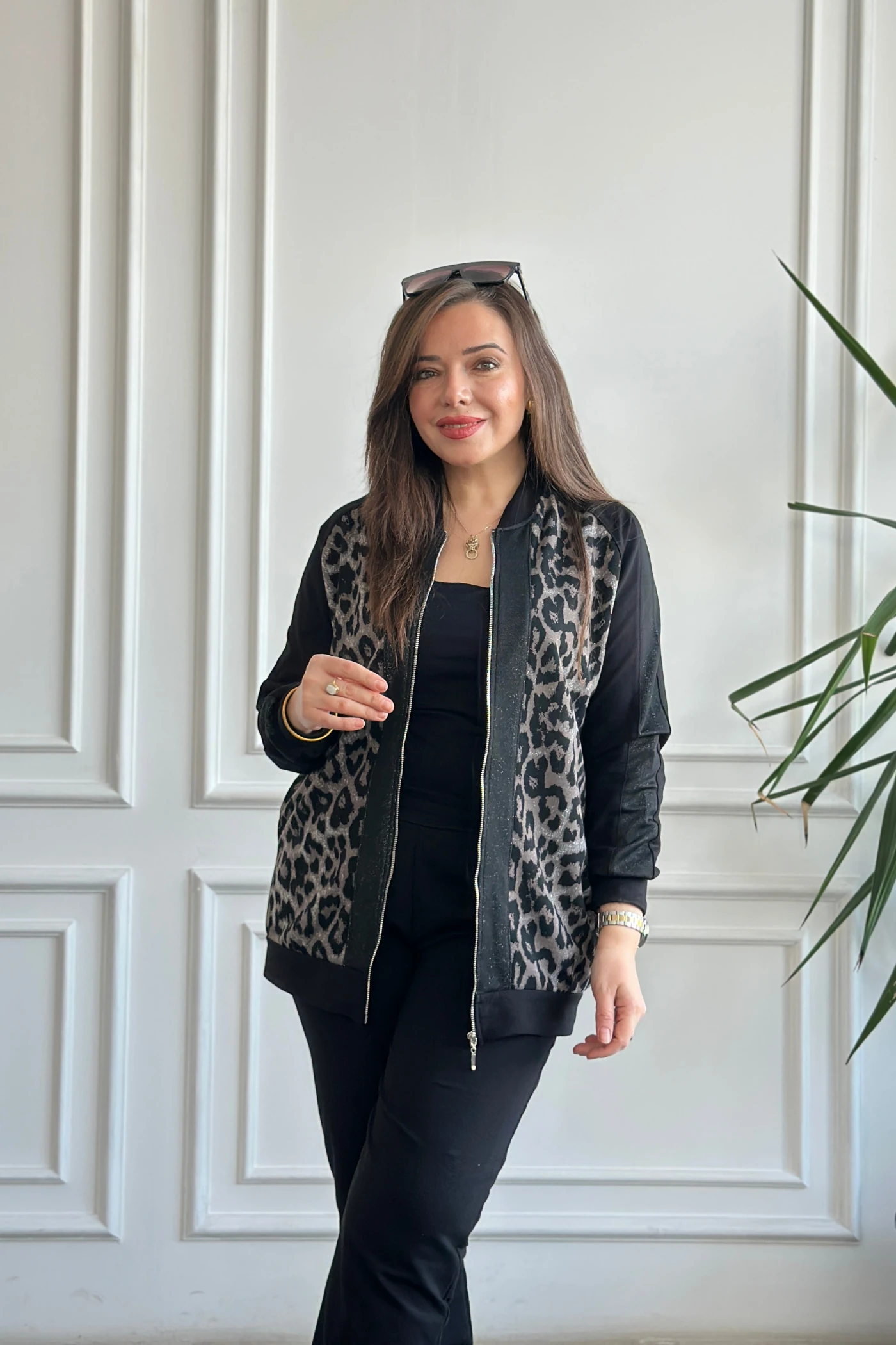 Leopar Detaylı Fermuarlı Eşofman Takımı  - SIYAH