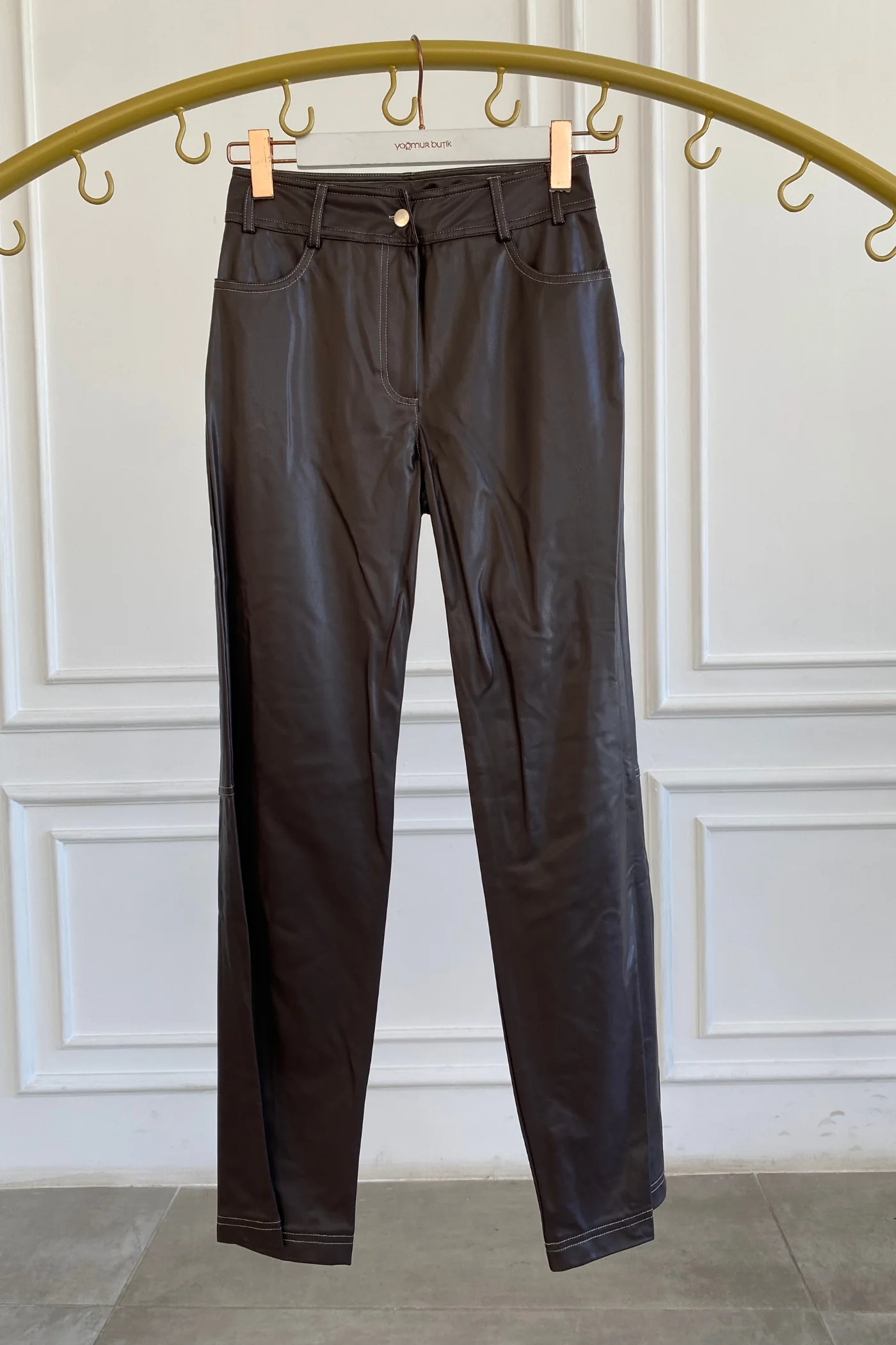 Sıvama Şardonlu Deri Pantolon - KAHVERENGI