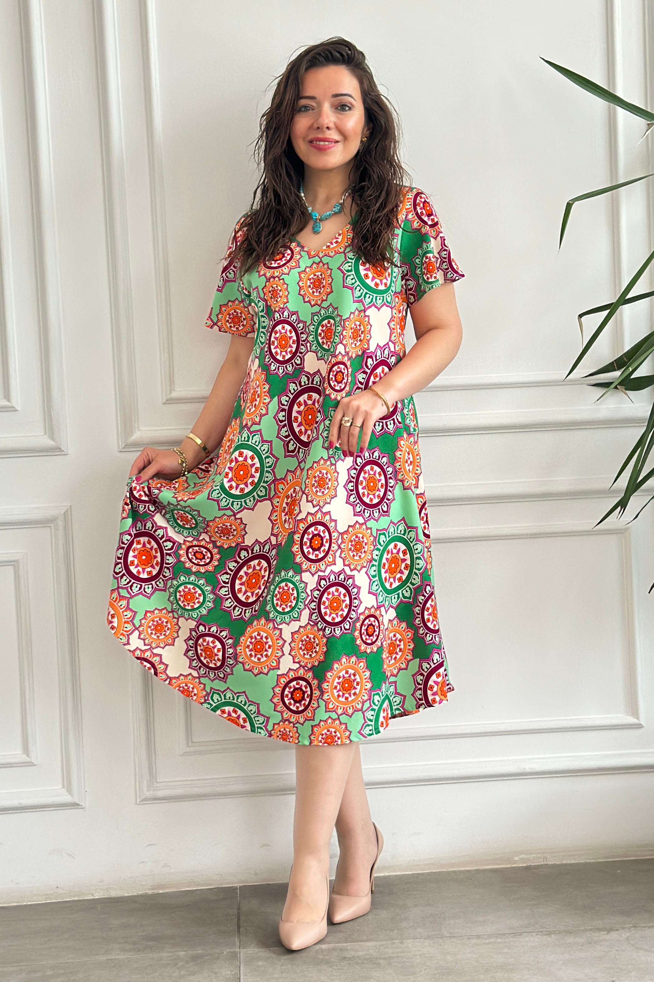 Sihirli V Yaka Viscon Elbise - YESIL MANDALA