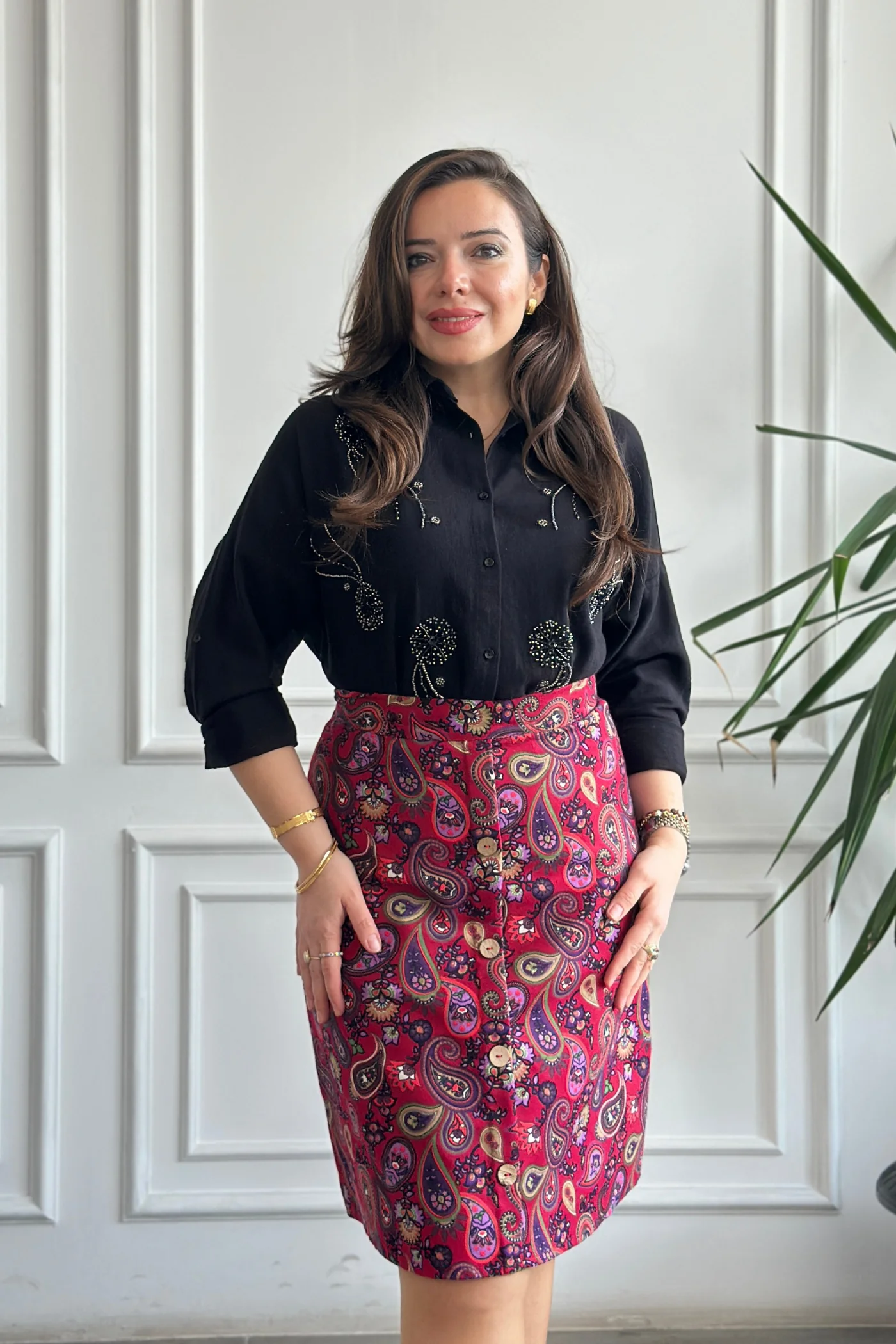 Önü Süs Düğme Detaylı Pazen Çan Etek - FUSYA MOR