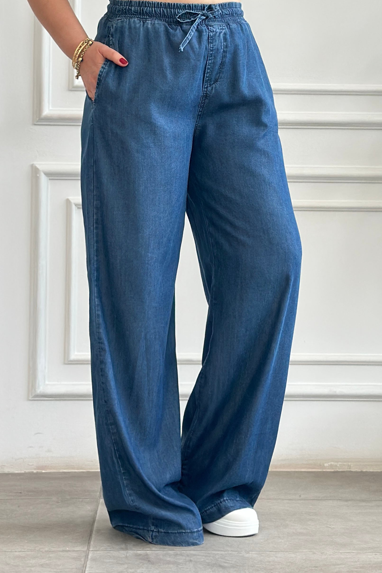 Beli Lastikli Bol Paça Tensel Pantolon